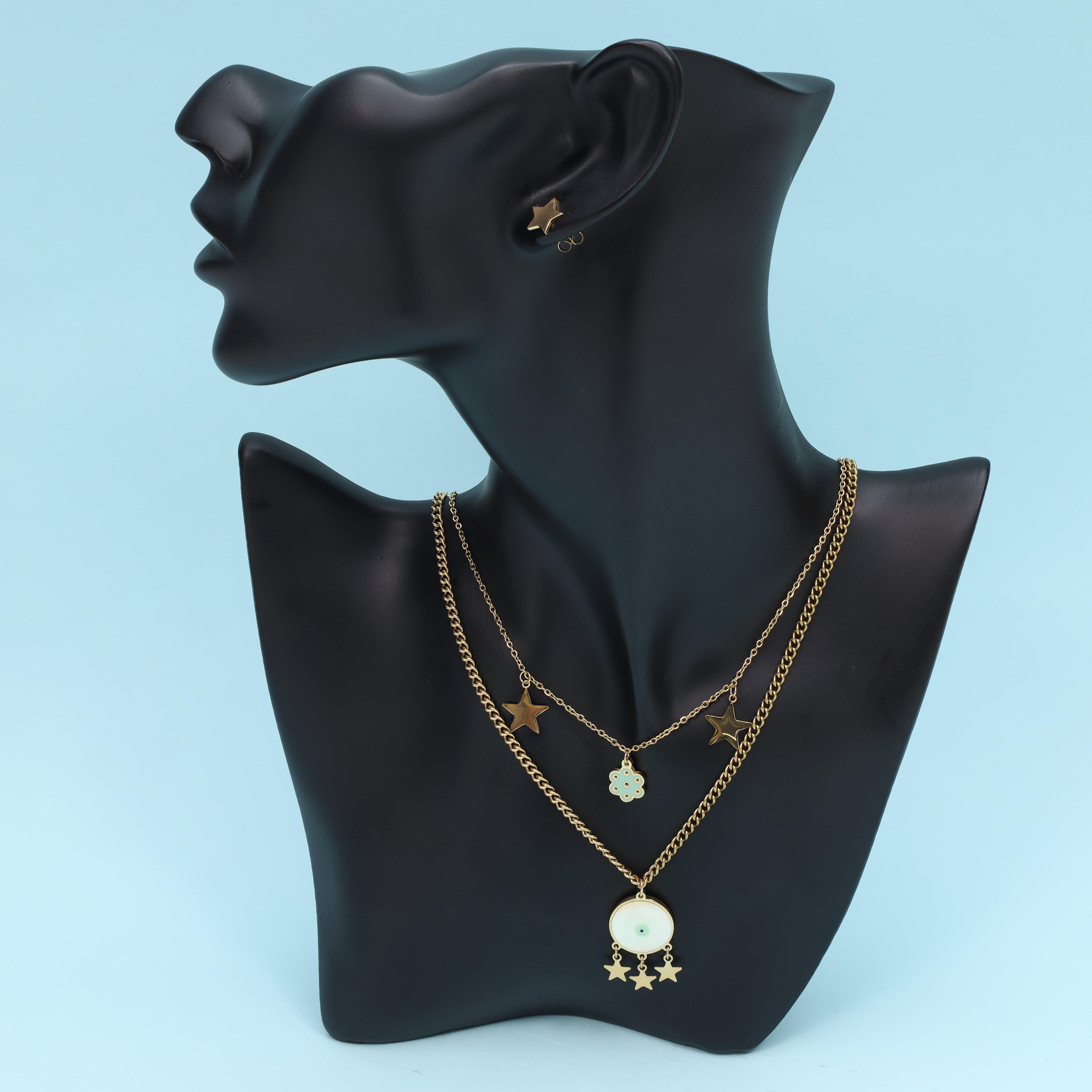 Ladies set anchor chain + curb chain with pendant &amp; star earrings made of stainless steel 14K gold-plated