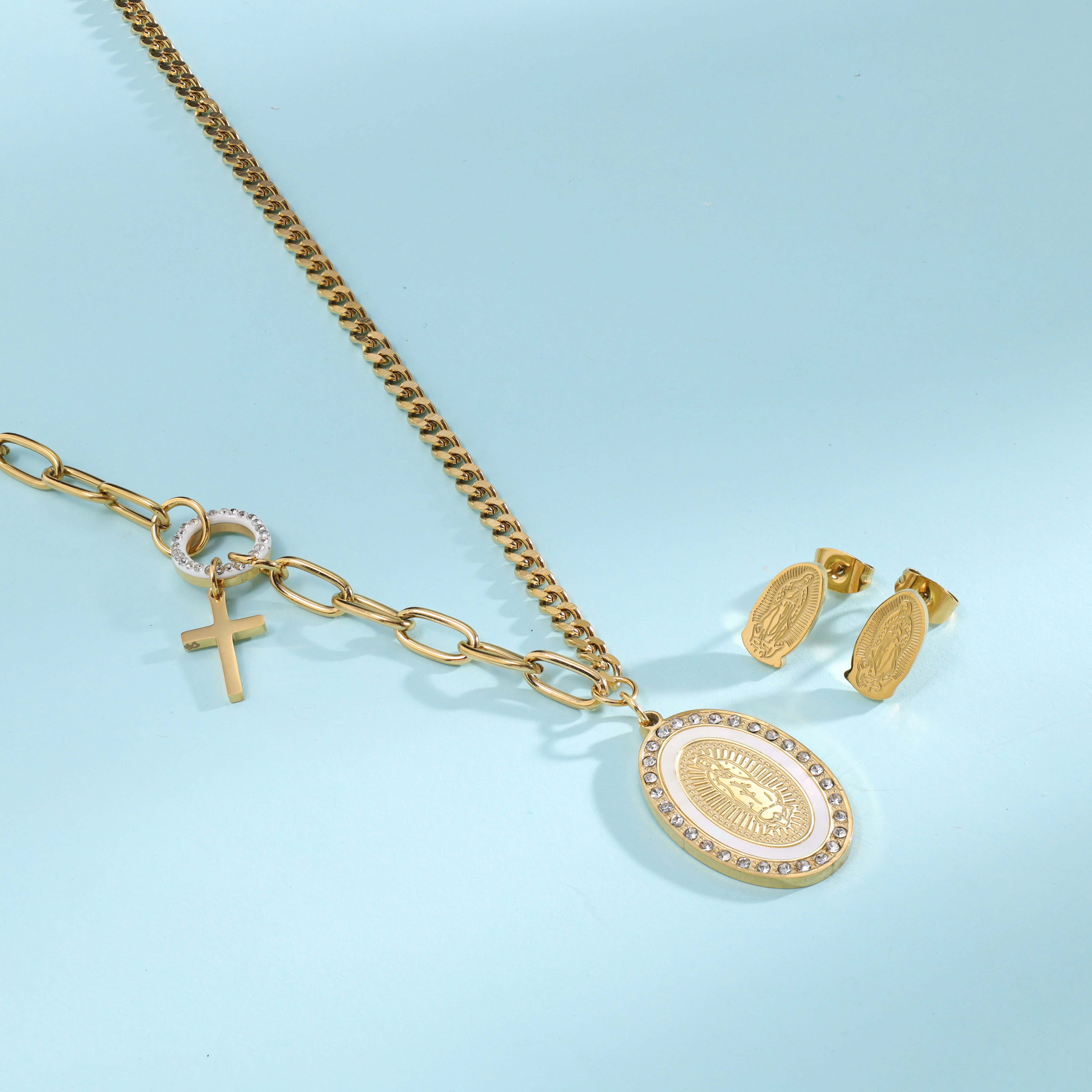 Ladies set curb chain + clip chain with holy Mary pendant &amp; earrings made of stainless steel 14K gold plated