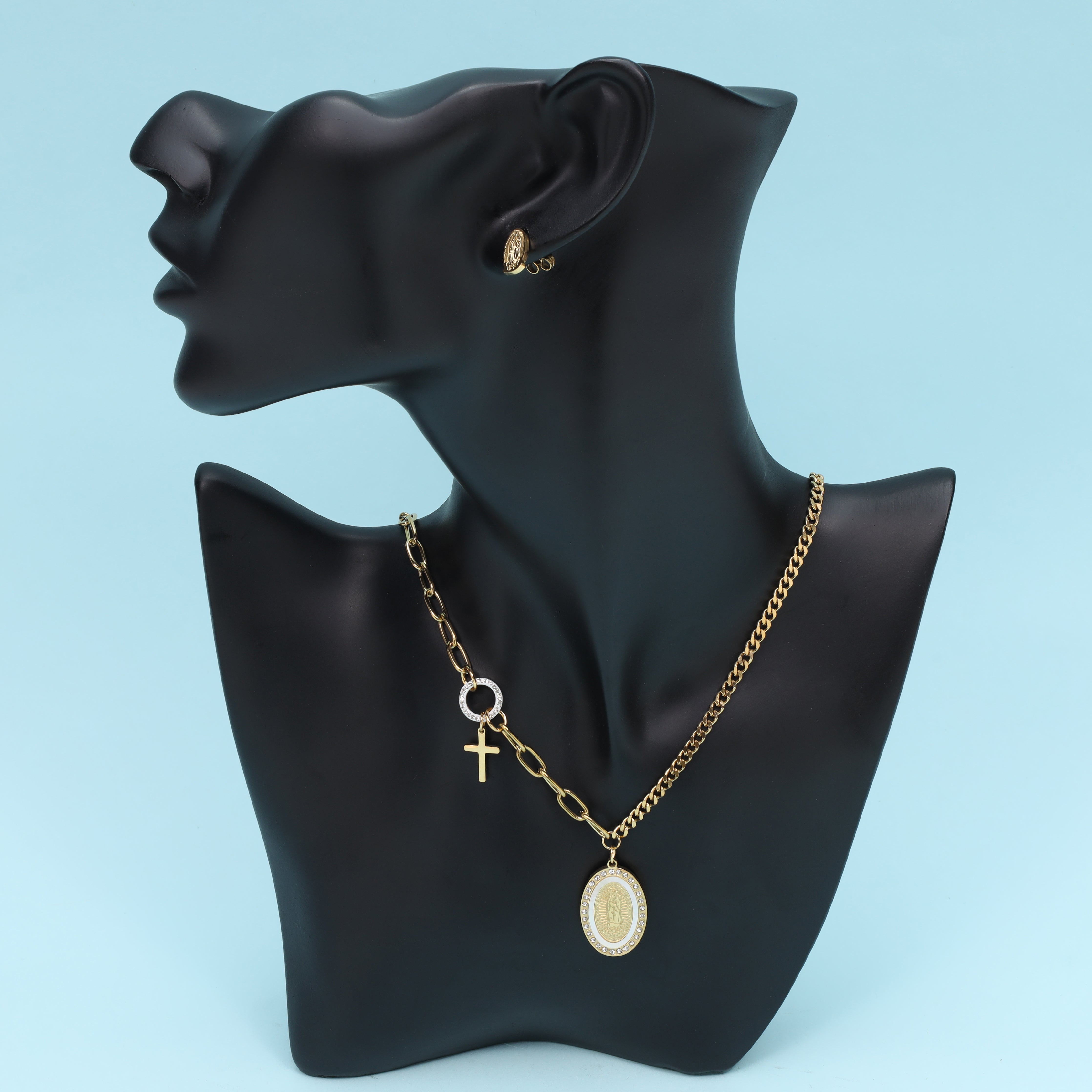 Ladies set curb chain + clip chain with holy Mary pendant &amp; earrings made of stainless steel 14K gold plated