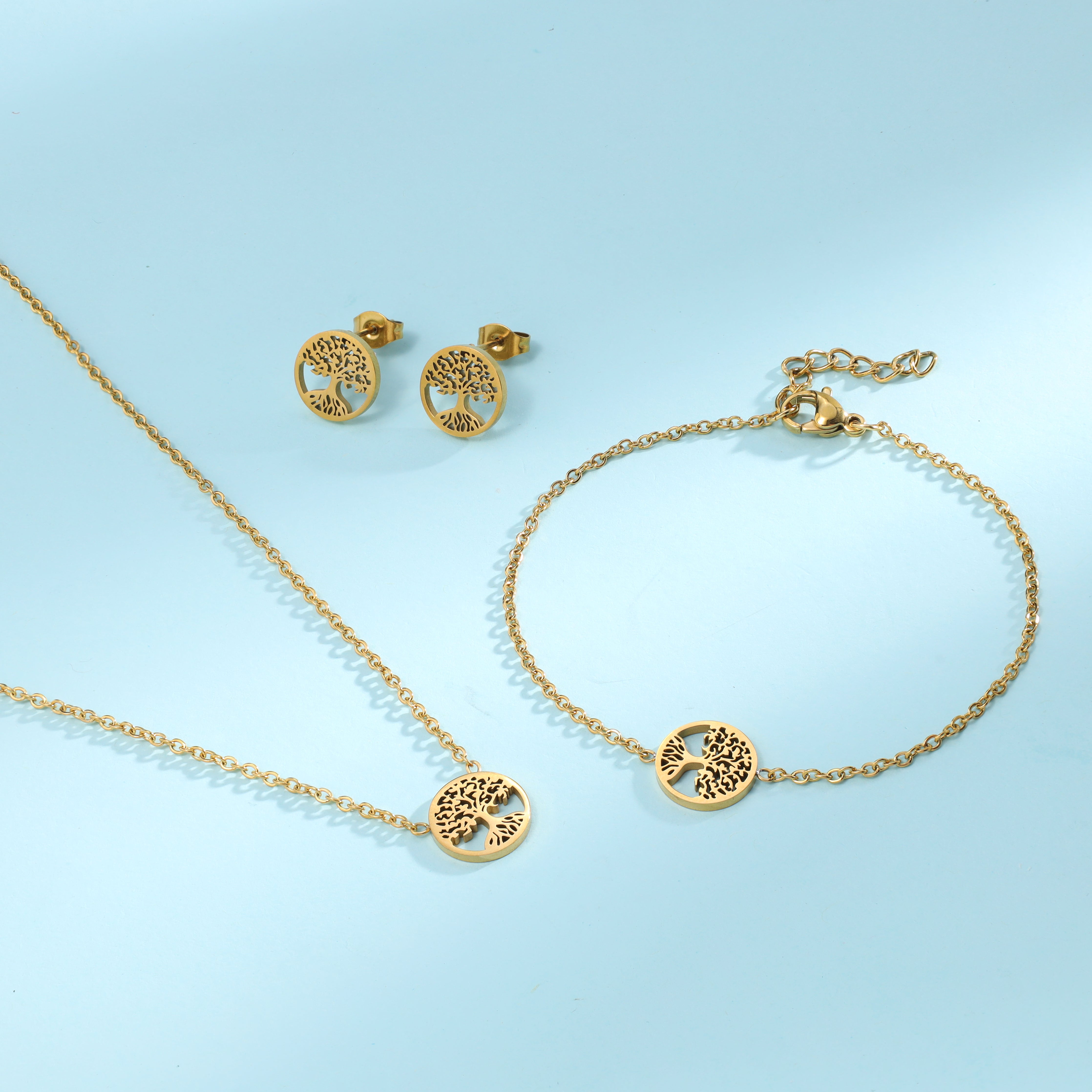 Ladies set anchor chain with Tree of Life pendant, earrings &amp; bracelet made of stainless steel 14K gold plated 