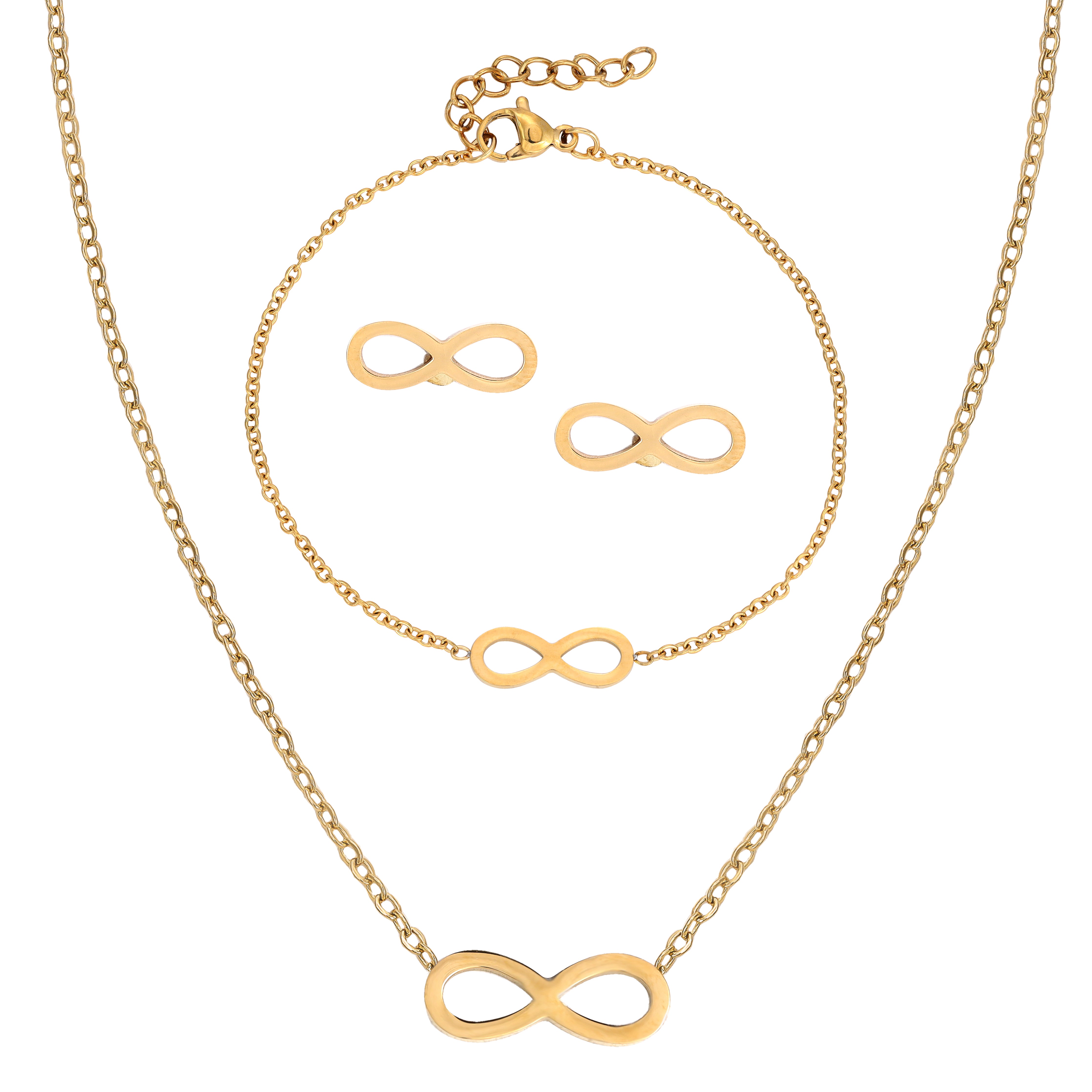 Women's Set Anchor Chain with Infinity Pendant, Earrings &amp; Bracelet Made of Stainless Steel 18K Gold Plated