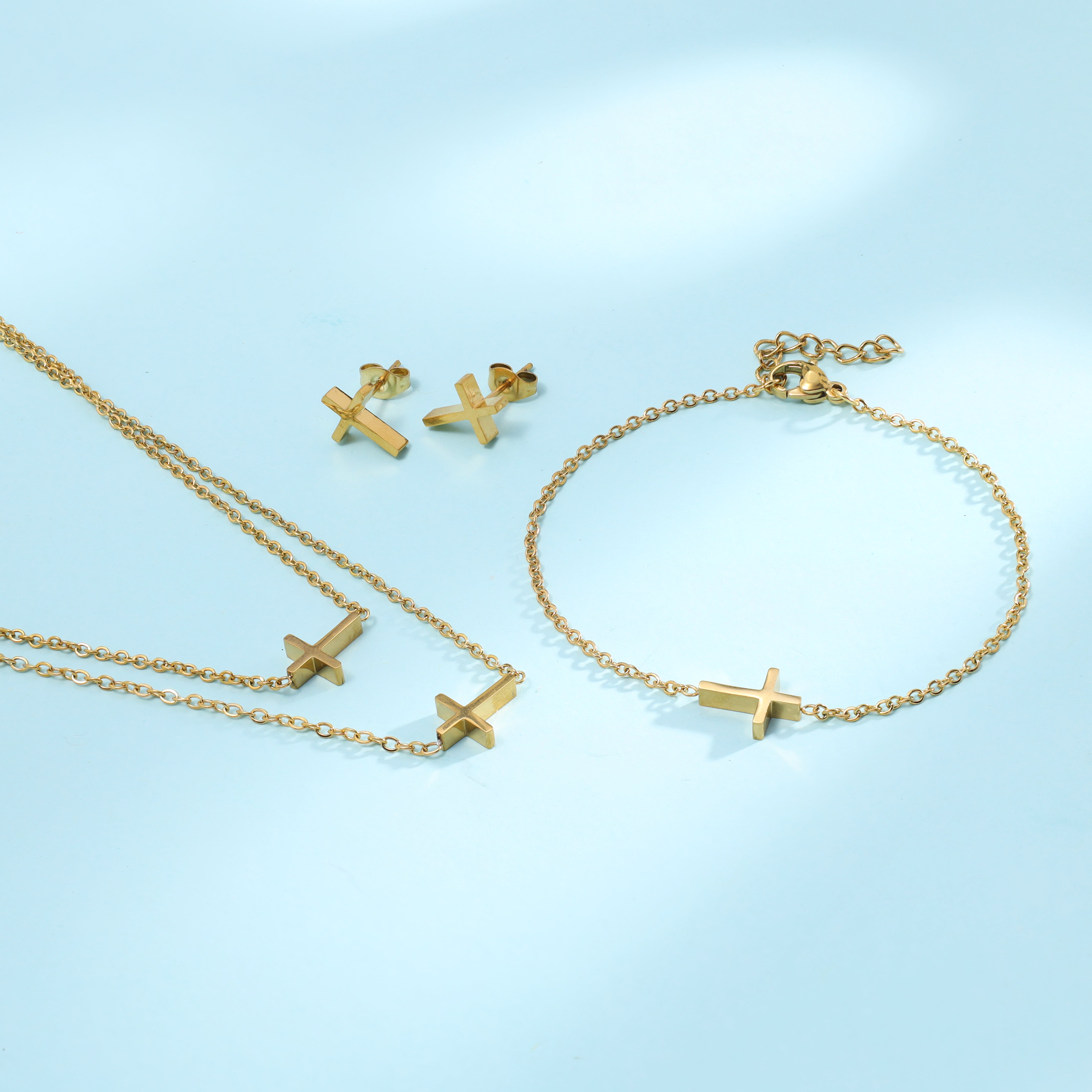 Ladies set anchor chain with cross pendant, earrings &amp; bracelet made of stainless steel 14K gold plated 