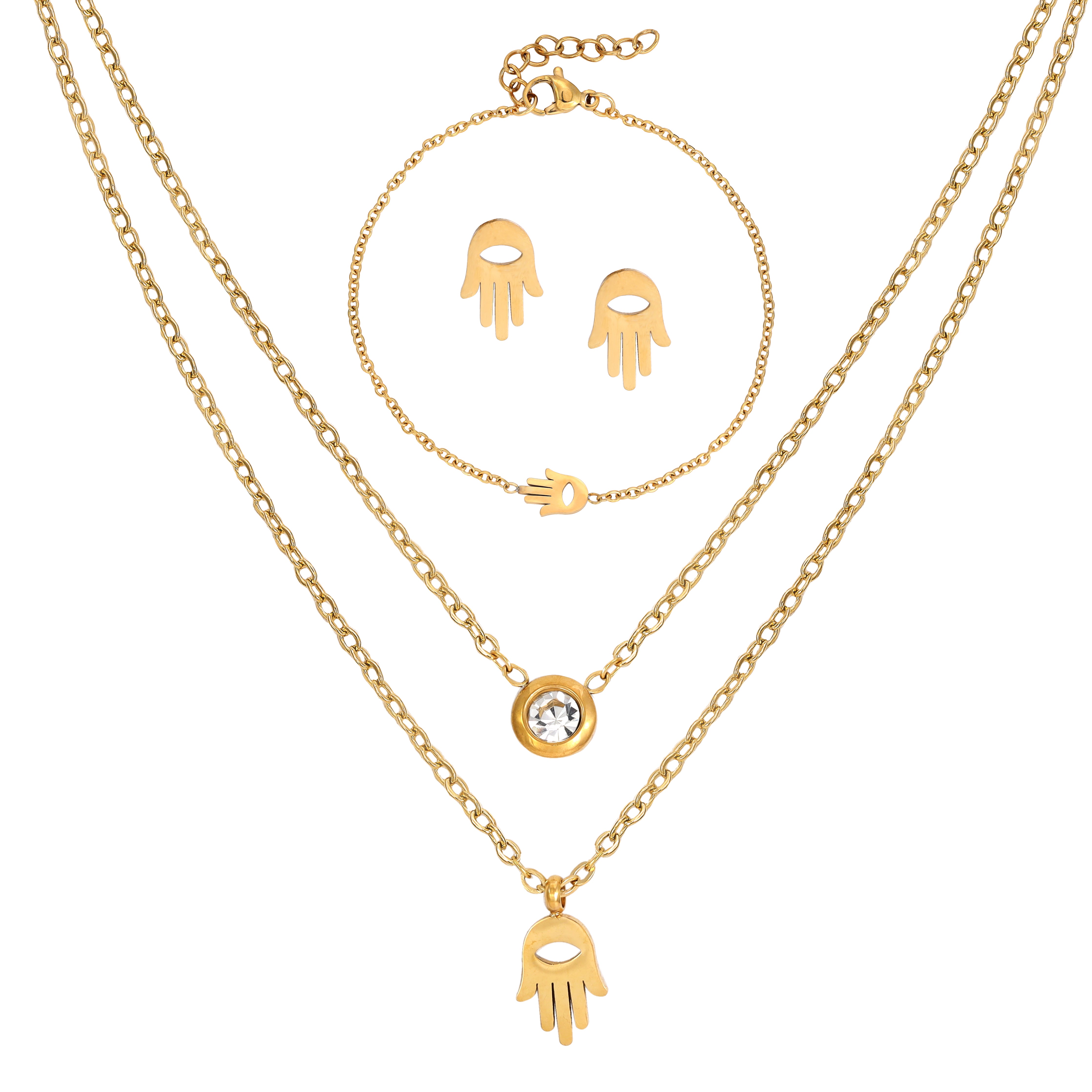 Ladies set anchor chain with round Hand of Fatiam pendant, earrings &amp; bracelet made of stainless steel 14K gold plated 