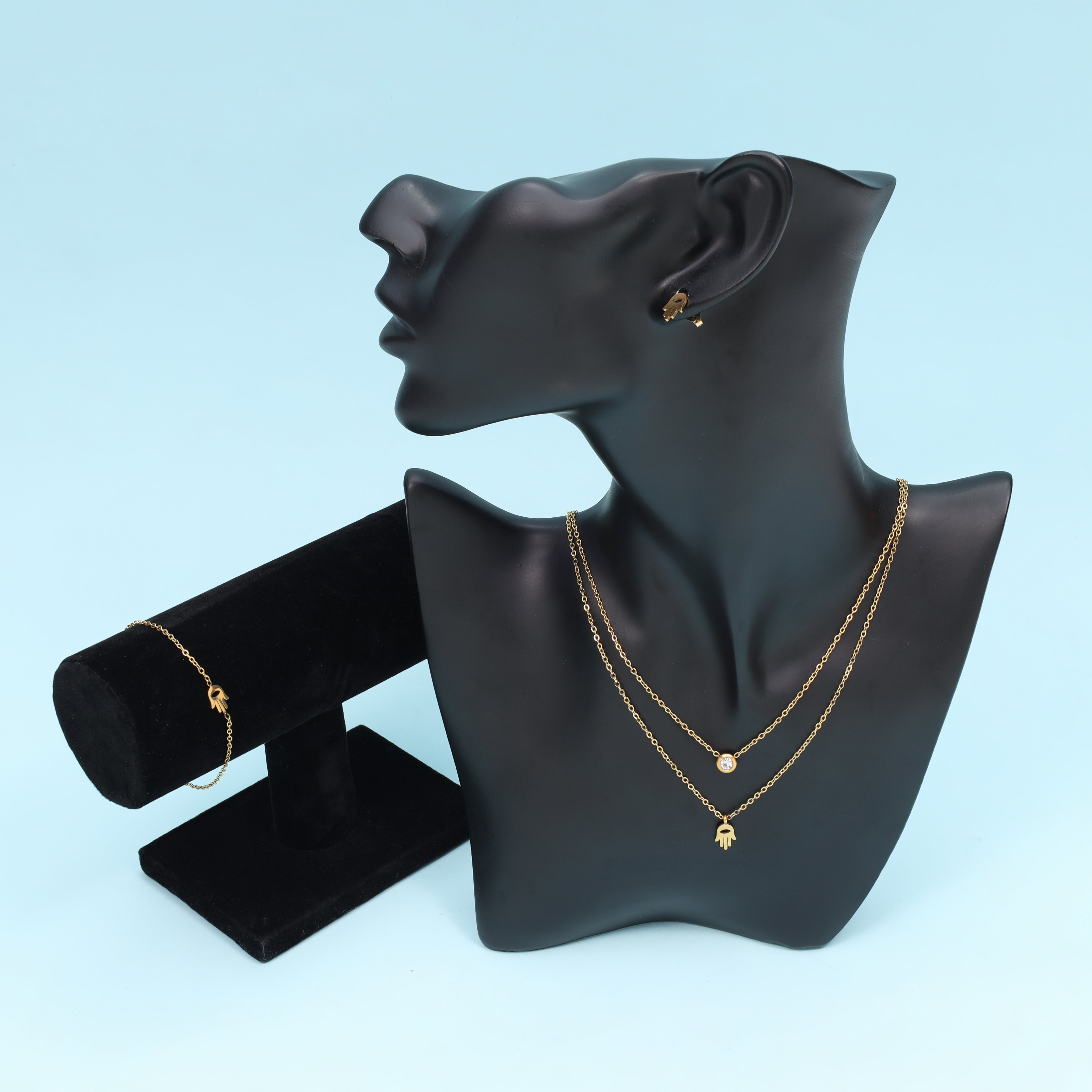 Ladies set anchor chain with round Hand of Fatiam pendant, earrings &amp; bracelet made of stainless steel 14K gold plated 