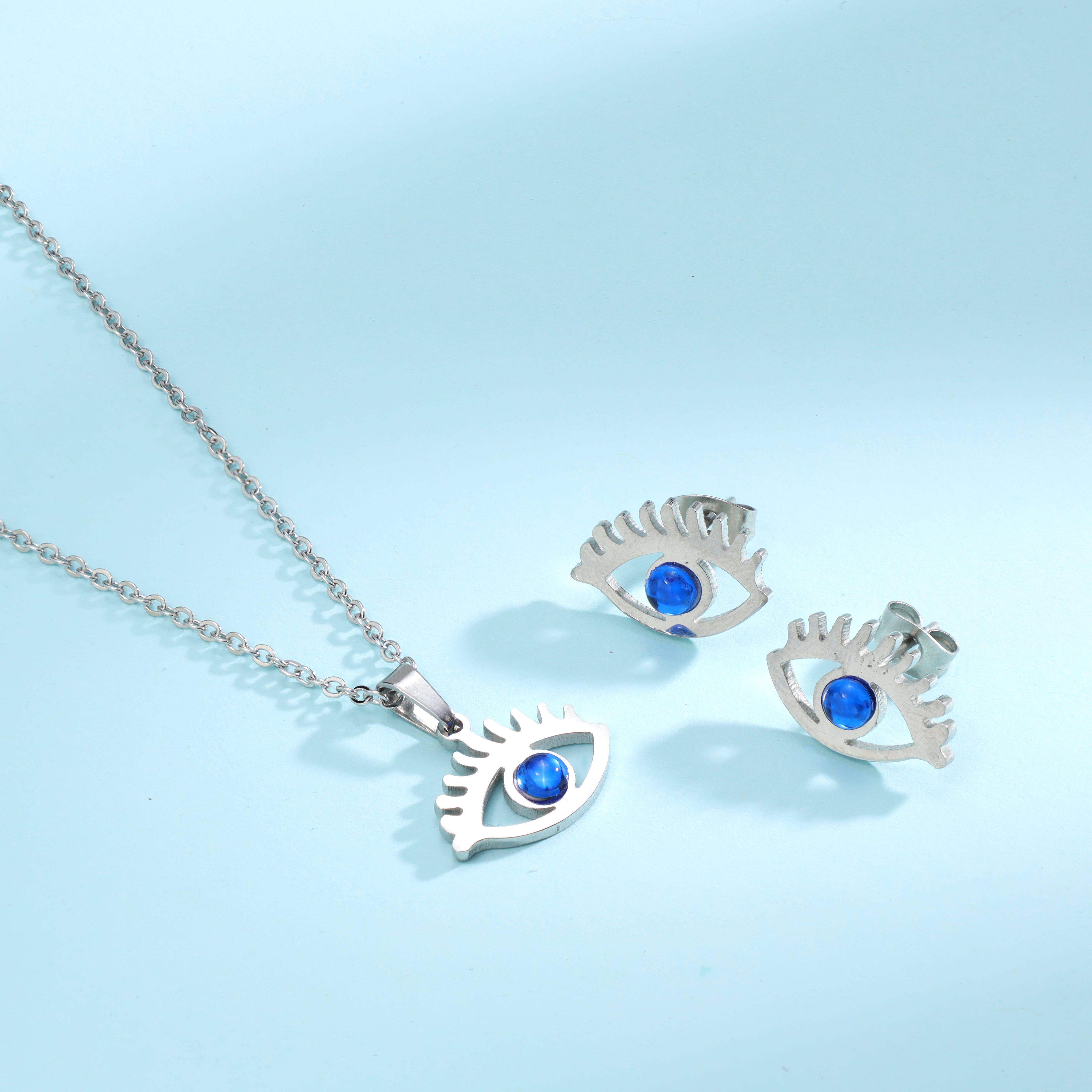 Damen Set Ankerkette mit Evil Eye Anhänger, Ohrringe aus Edelstahl