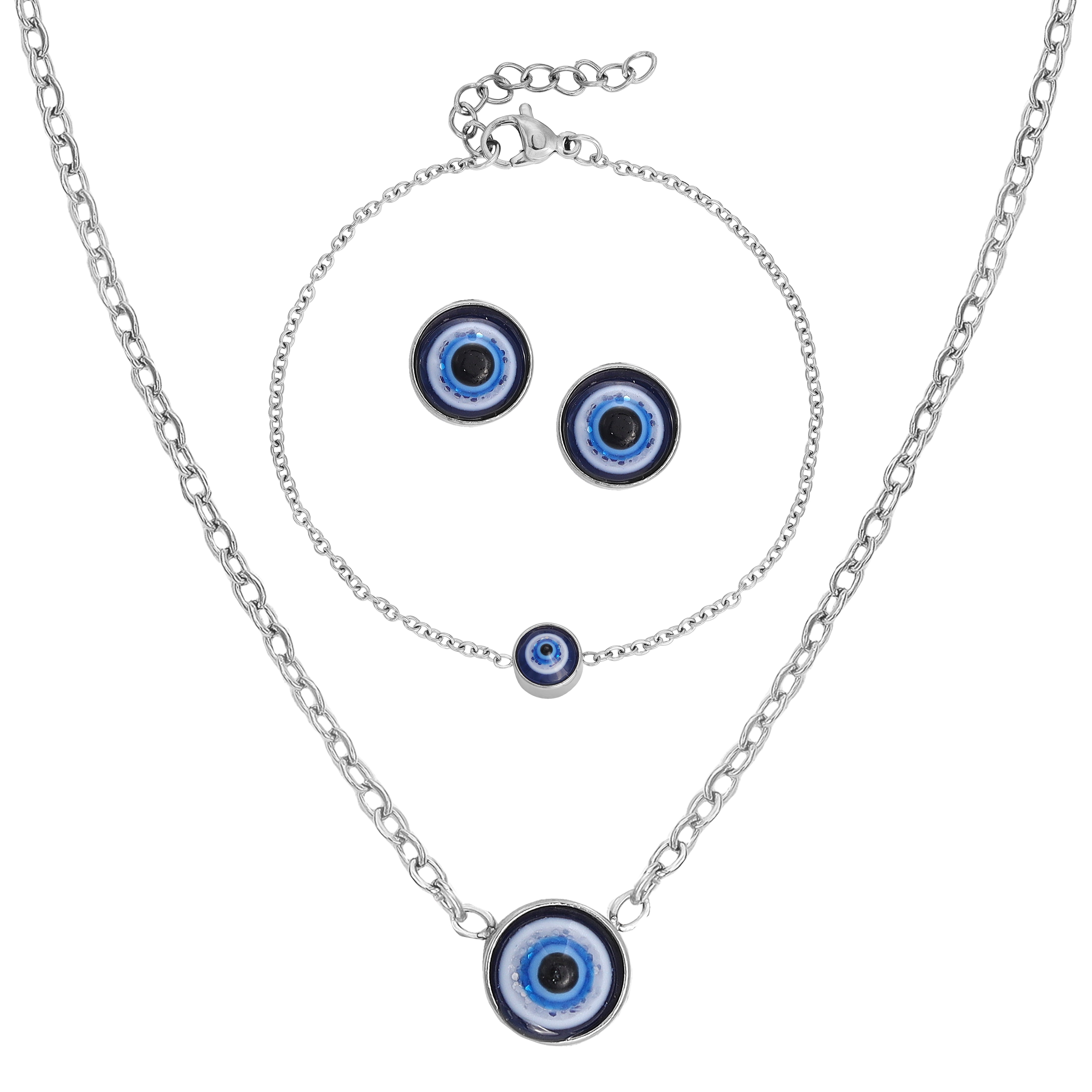 Ladies set anchor chain with round evil eye pendant, earrings, bracelet made of stainless steel 