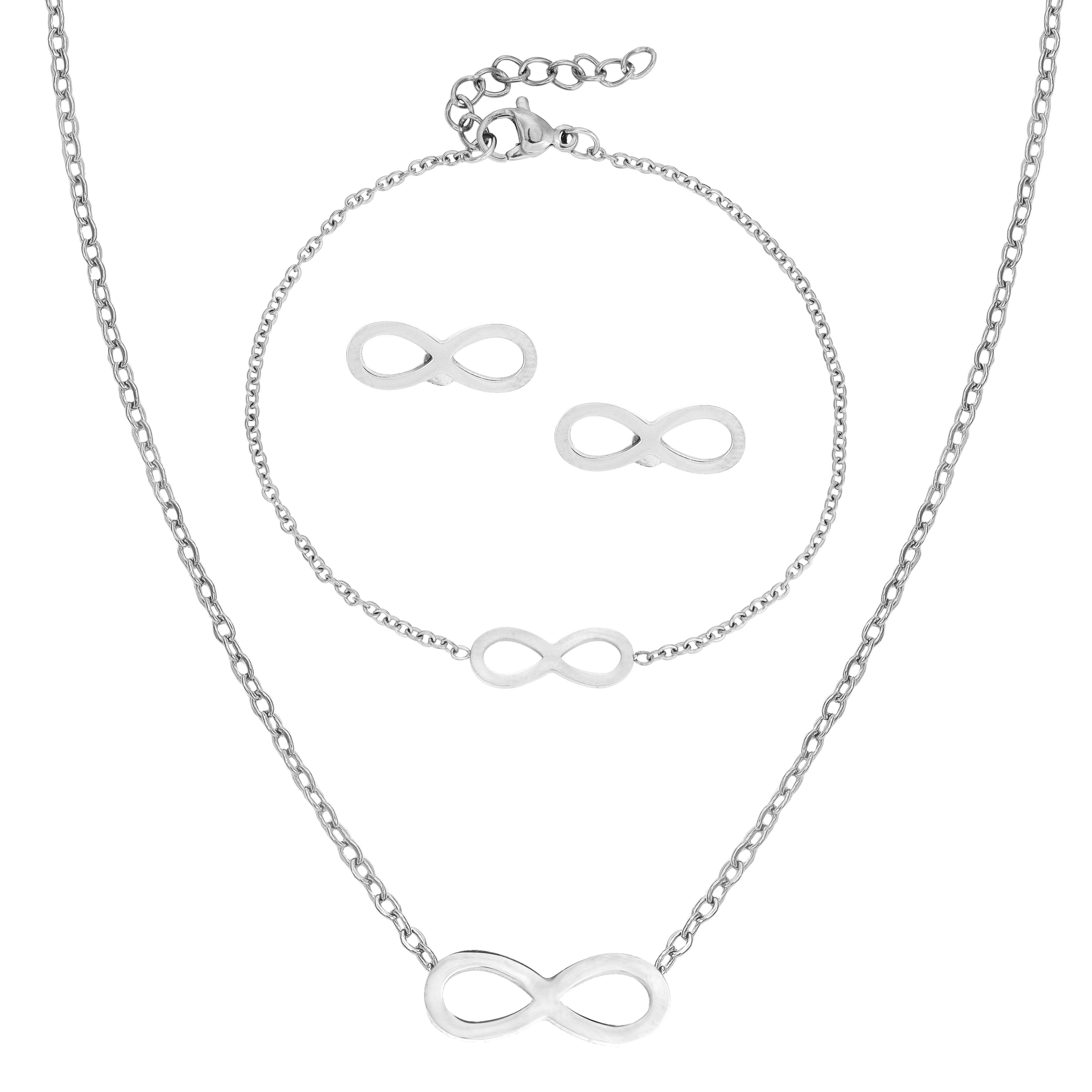 Ladies set anchor chain with infinity pendant, earrings, bracelet made of stainless steel 