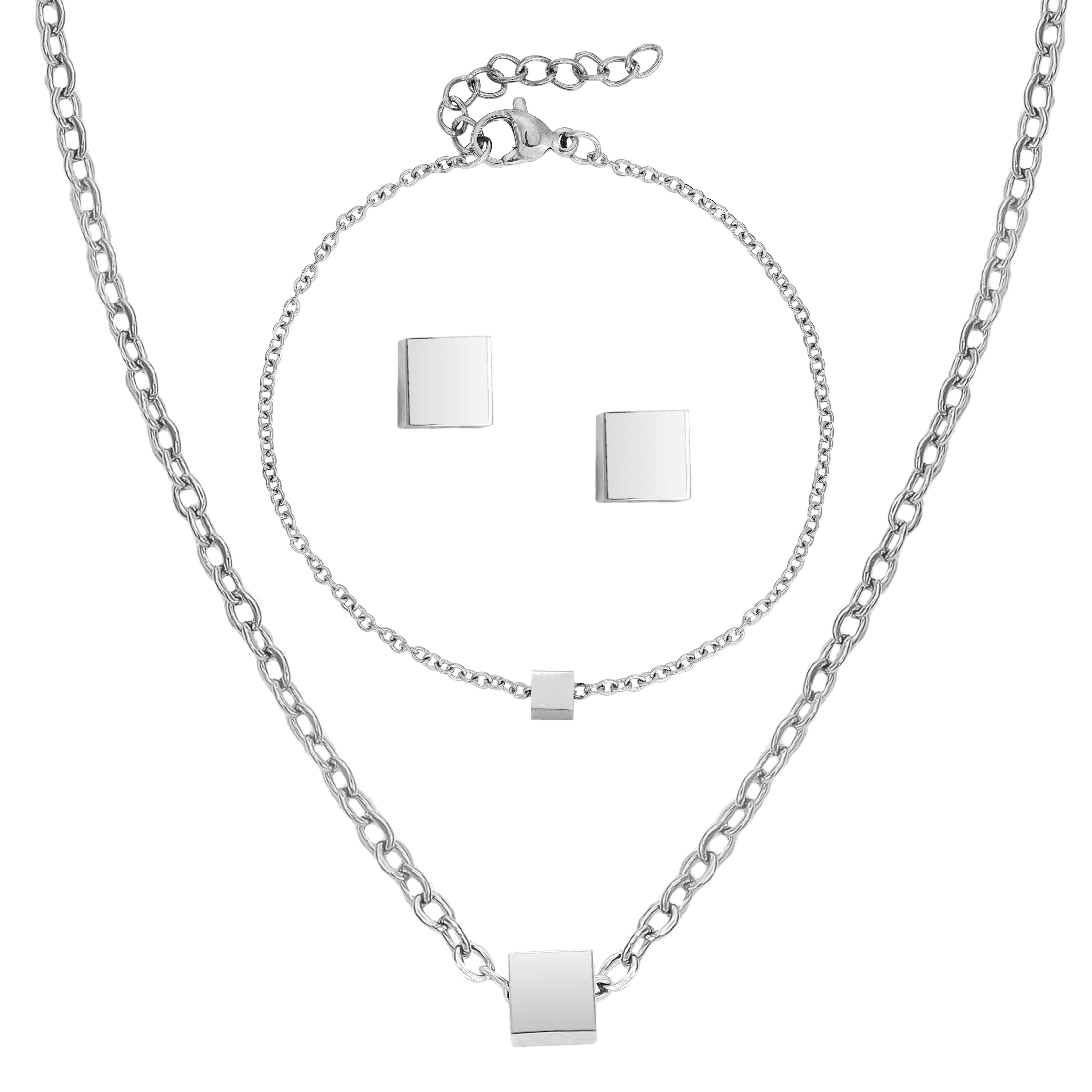 Damen Set Ankerkette mit Vierkant Anhänger, Ohrringe, Armband aus Edelstahl