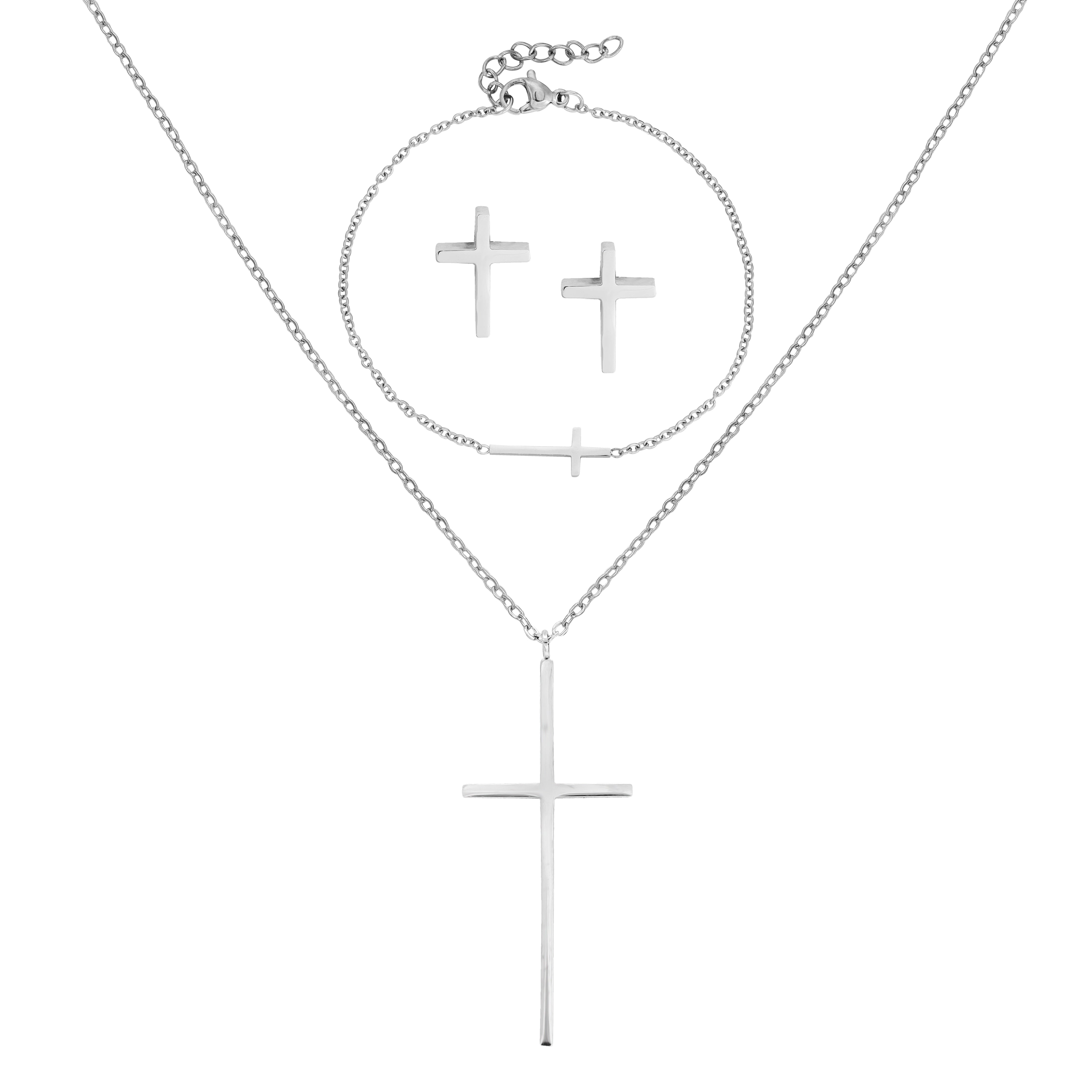 Damen Set Ankerkette mit Kreuz Anhänger, Ohrringe, Armband aus Edelstahl