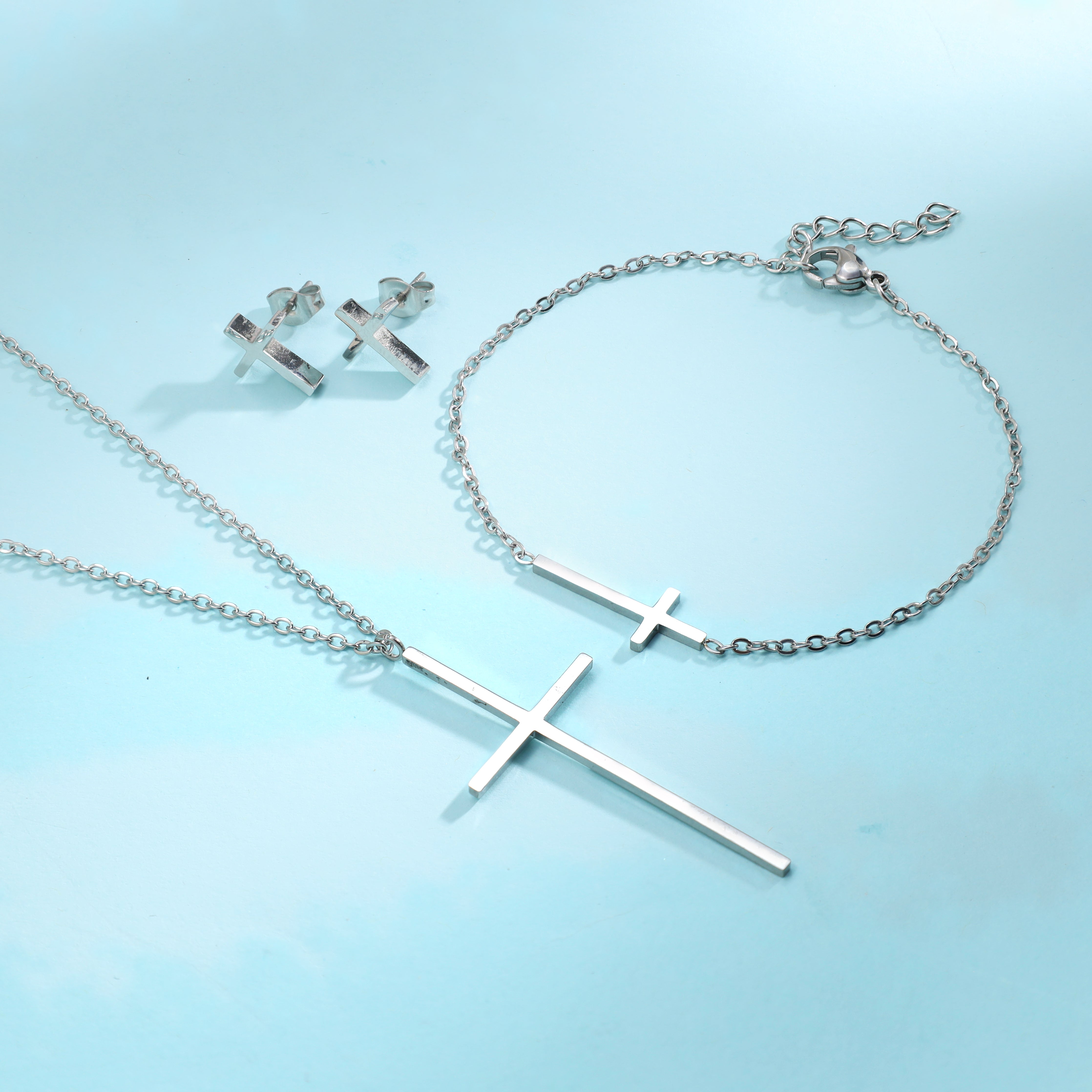 Damen Set Ankerkette mit Kreuz Anhänger, Ohrringe, Armband aus Edelstahl