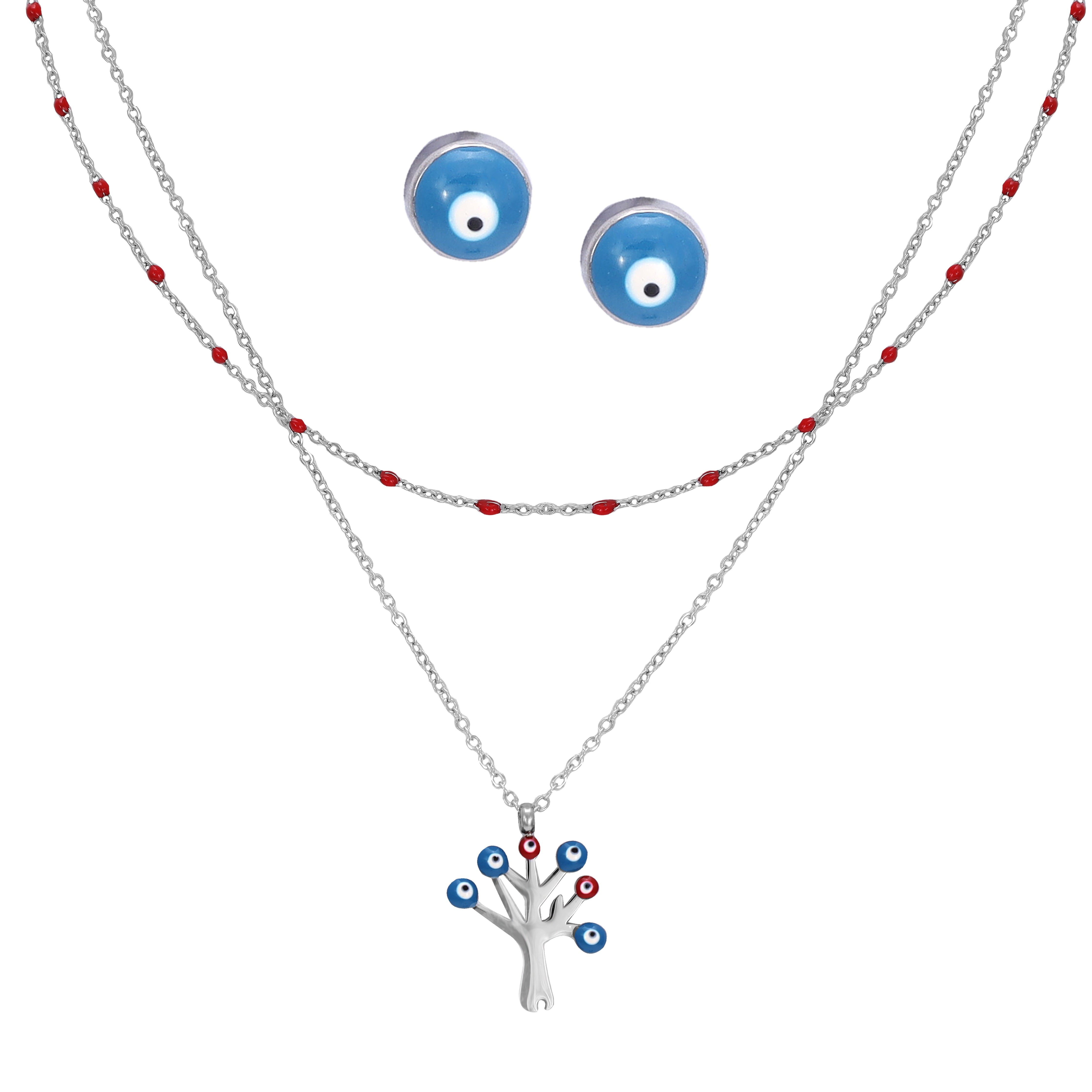 Ladies set anchor chain with Evil Eye Tree pendant, stainless steel earrings 