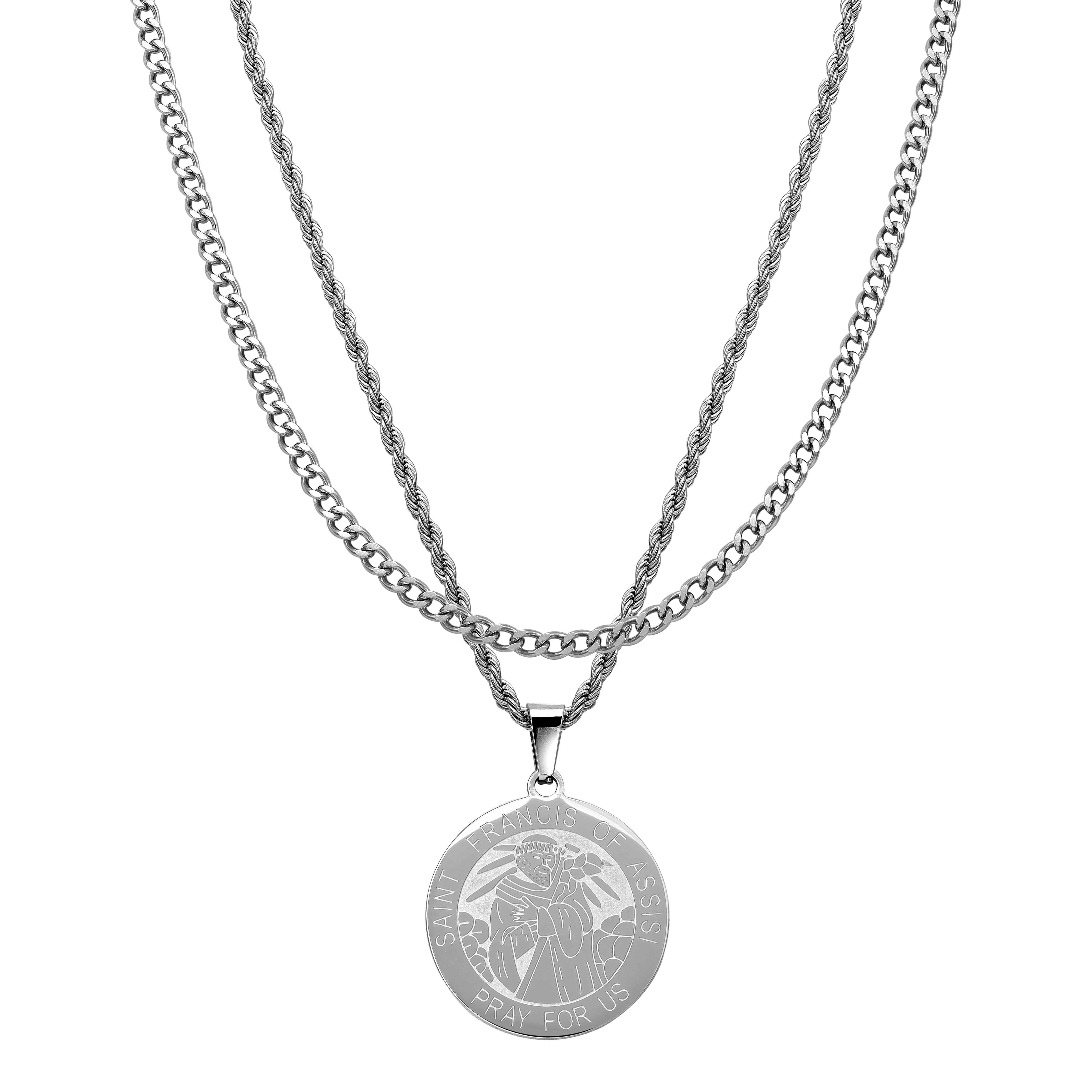 SET cord chain + curb chain with medallion pendant made of stainless steel 