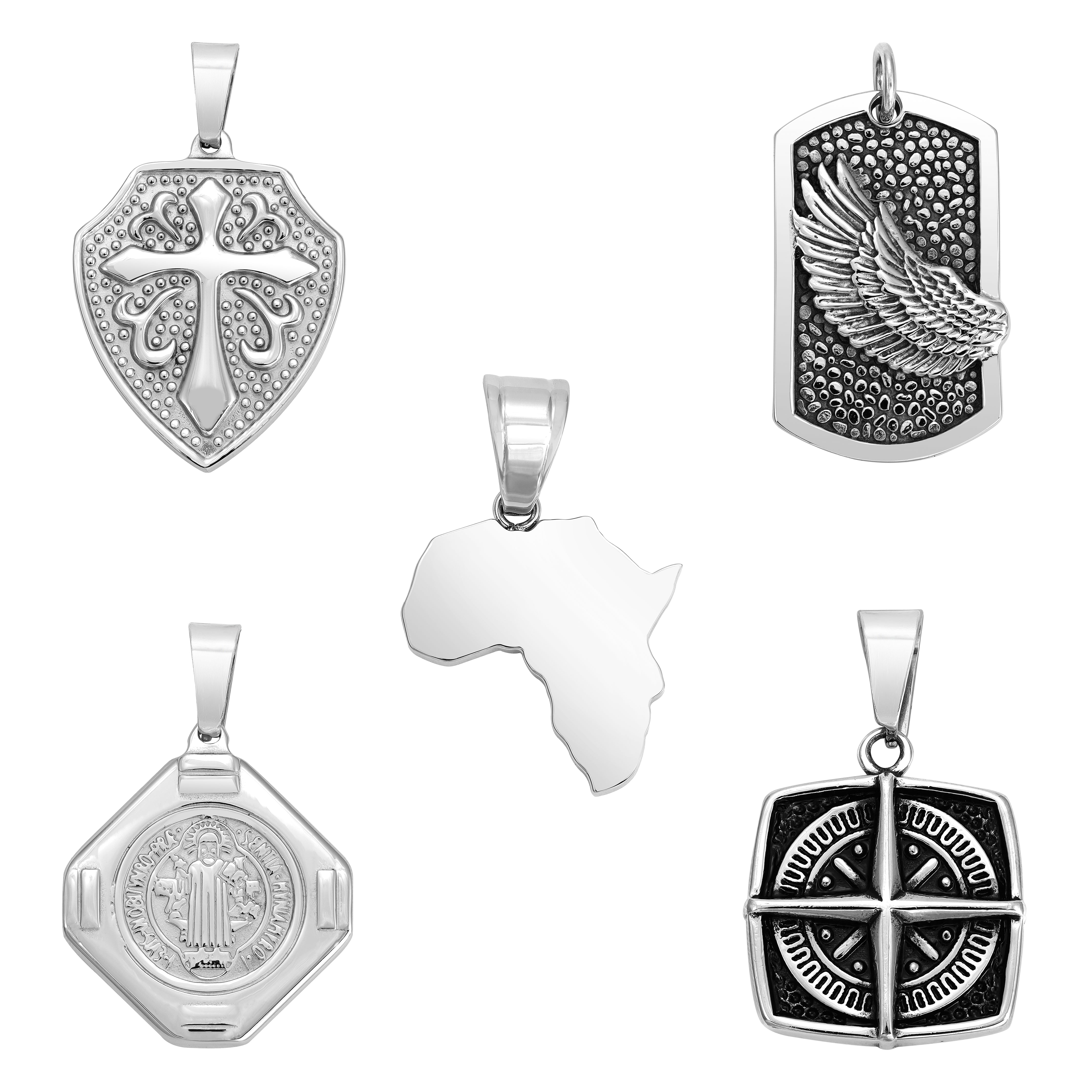 Verschiedene Anhänger aus Edelstahl Kreuz Medaillon / Flügel Dog Tag  / Kompass /  Kreuz Medaillon Wappen / Africa - Taipan Schmuck