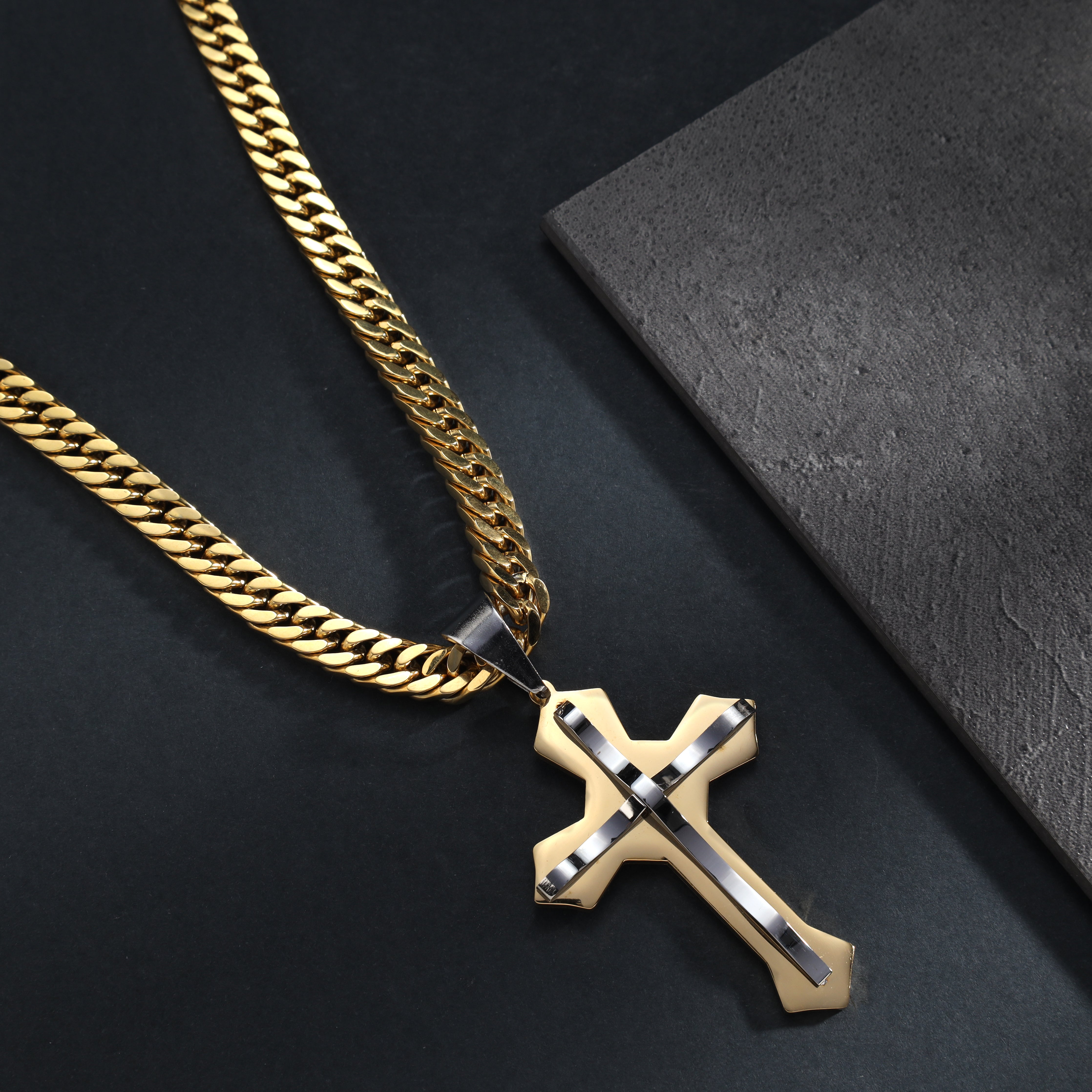 Large bicolor cross pendant made of stainless steel 14K gold plated