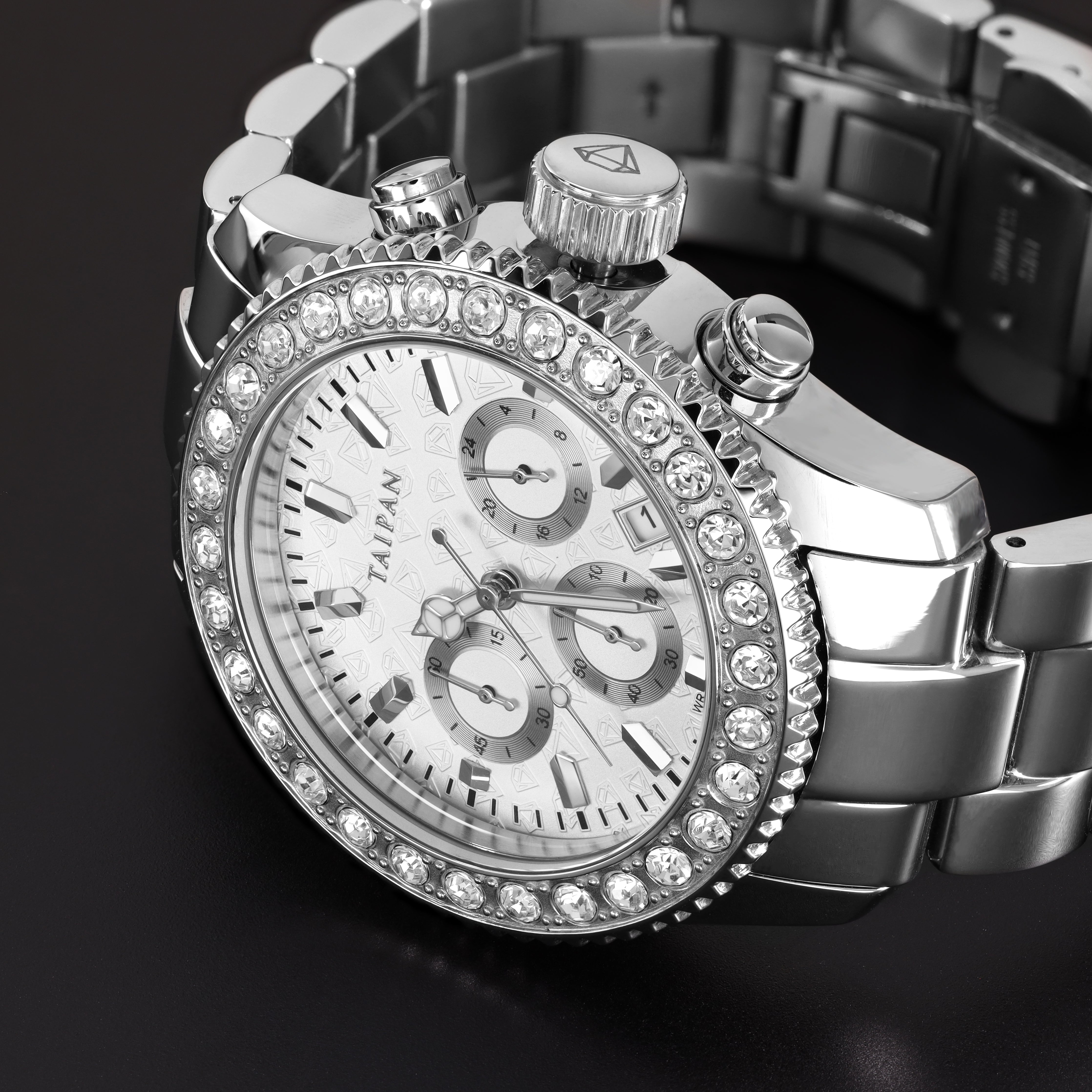 Armbanduhr Chronograph SILVER mit 3 Lünetten iced out, geriffelt, plain - Taipan Schmuck