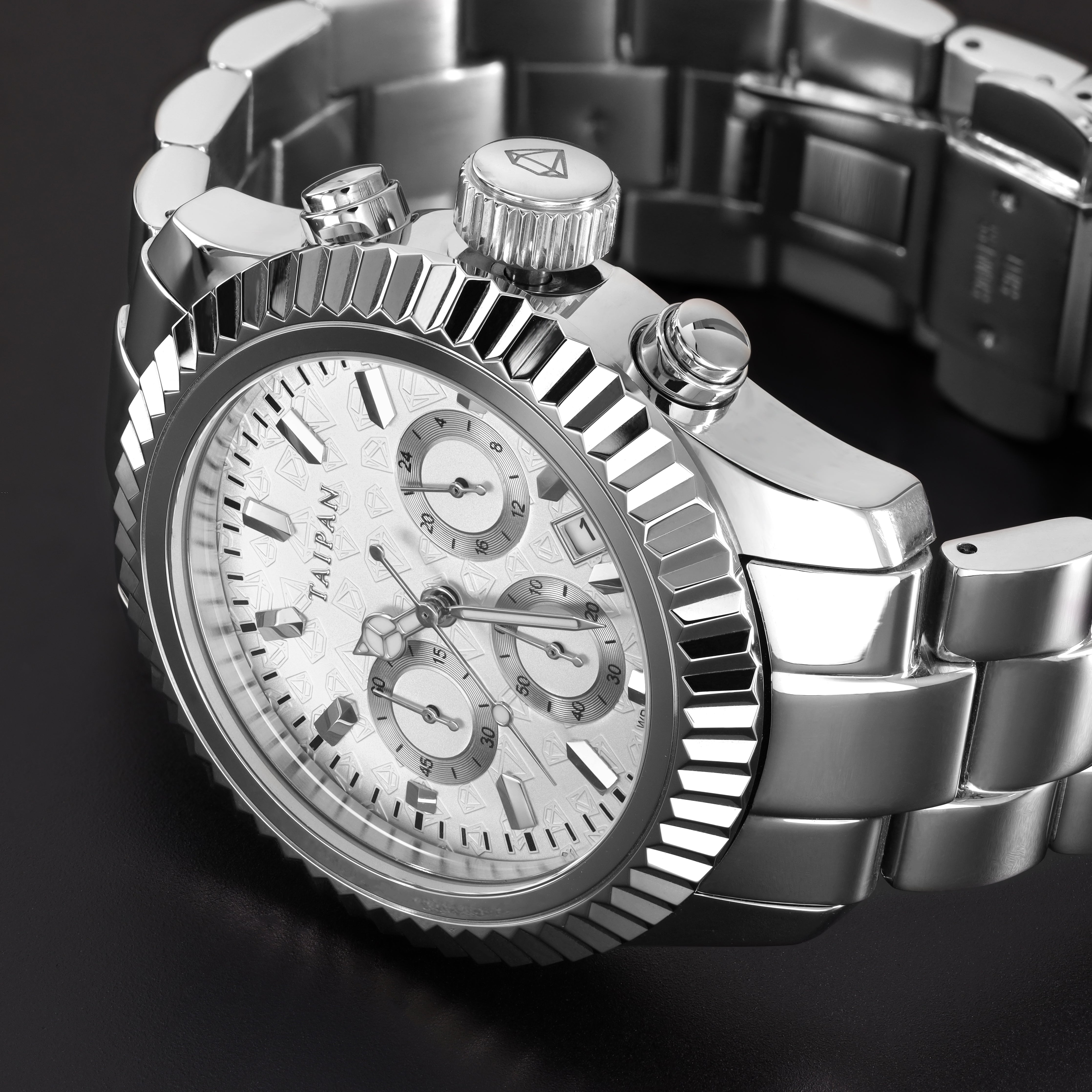 Armbanduhr Chronograph SILVER mit 3 Lünetten iced out, geriffelt, plain - Taipan Schmuck