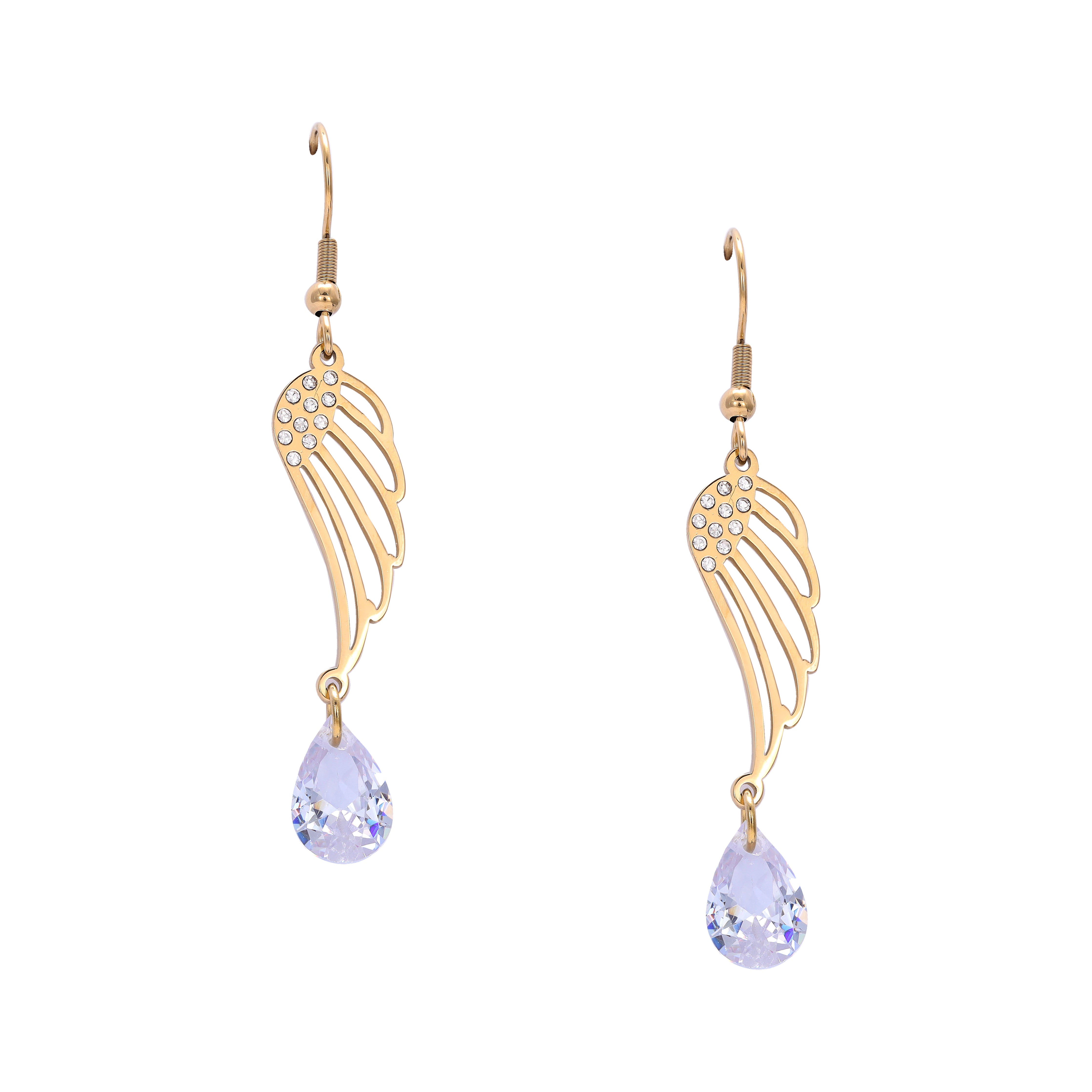 Women's Wings with Lavender Drops Earrings made of Stainless Steel 18K Gold Plated