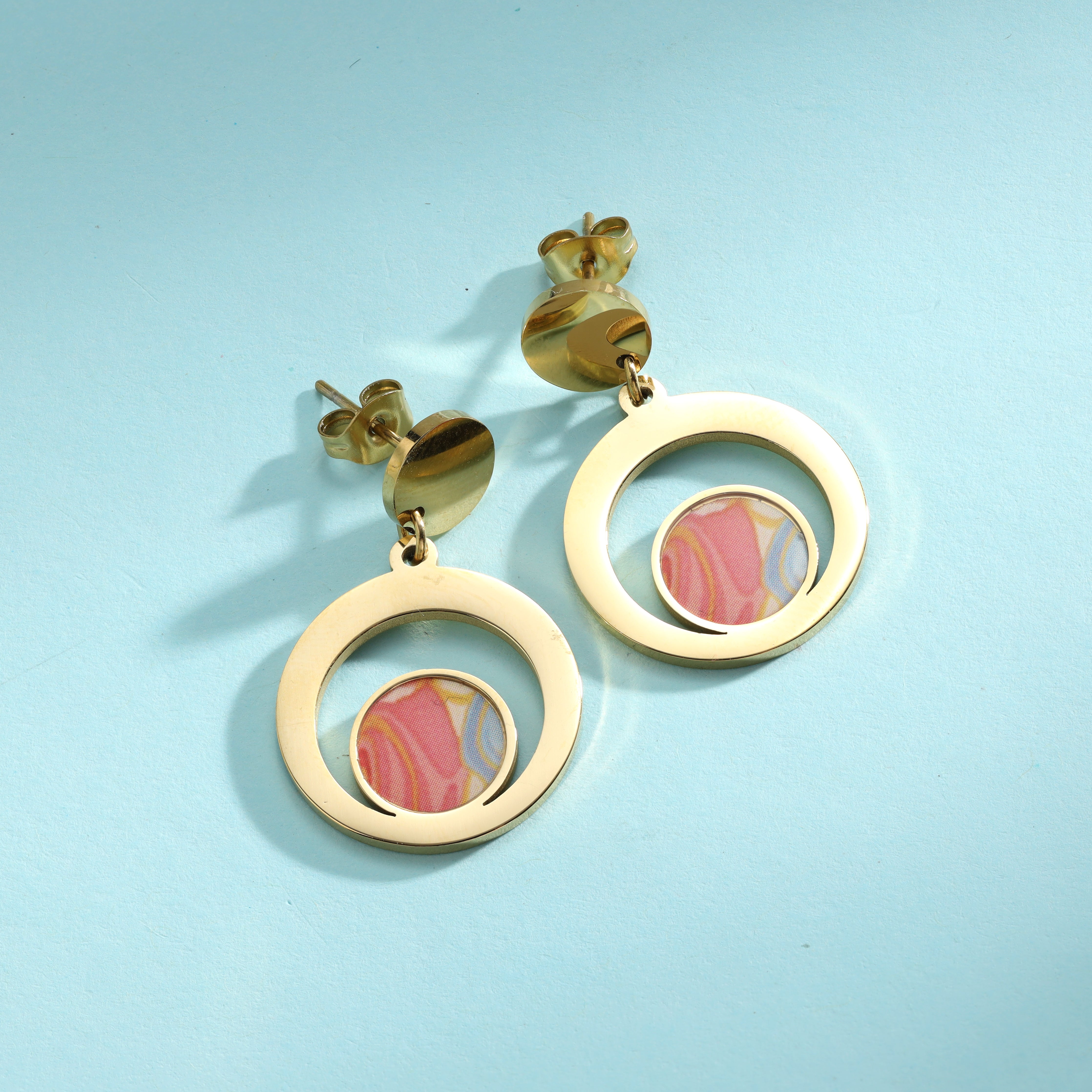 Ladies round earrings made of stainless steel 14K gold plated