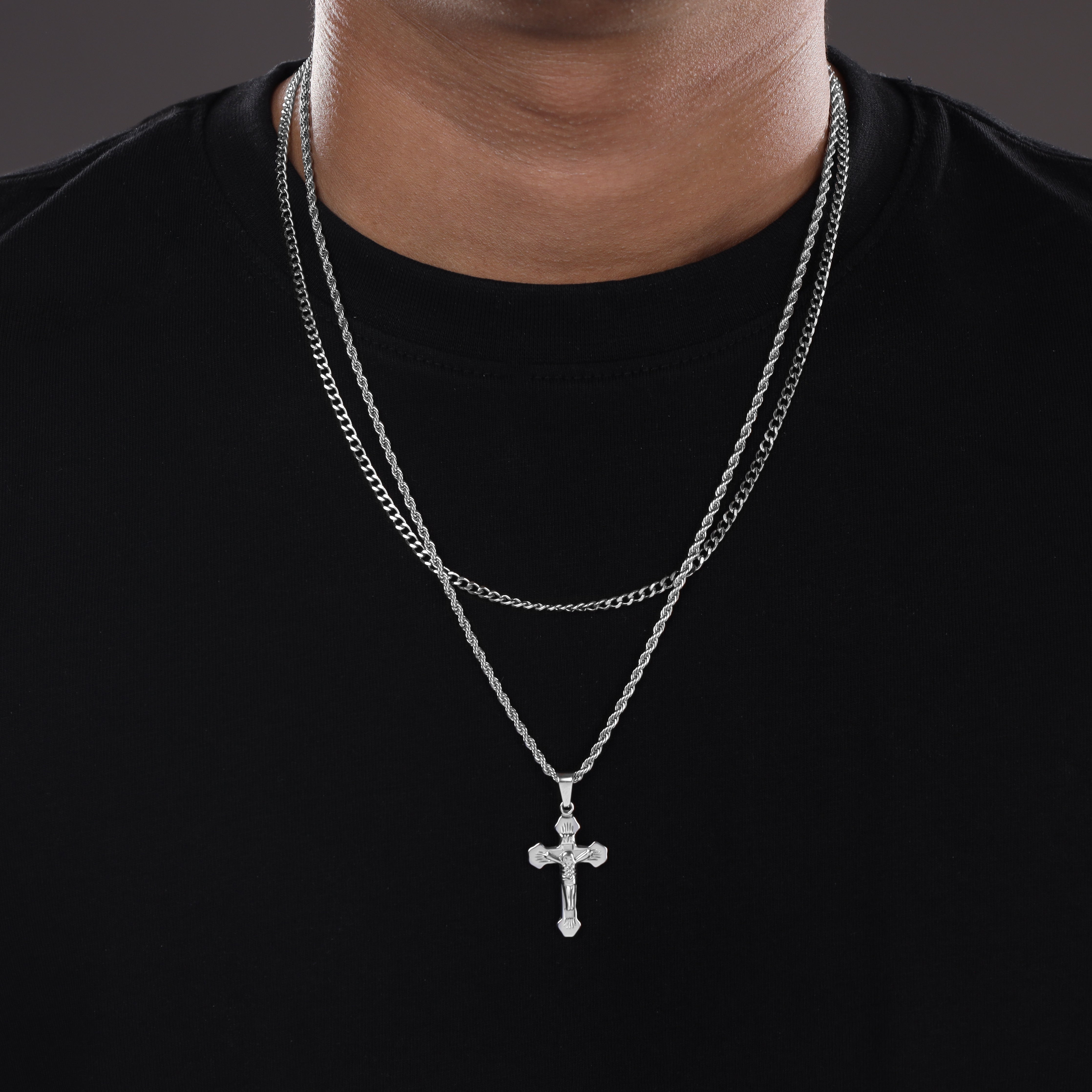 SET cord chain + curb chain with cross pendant made of stainless steel 