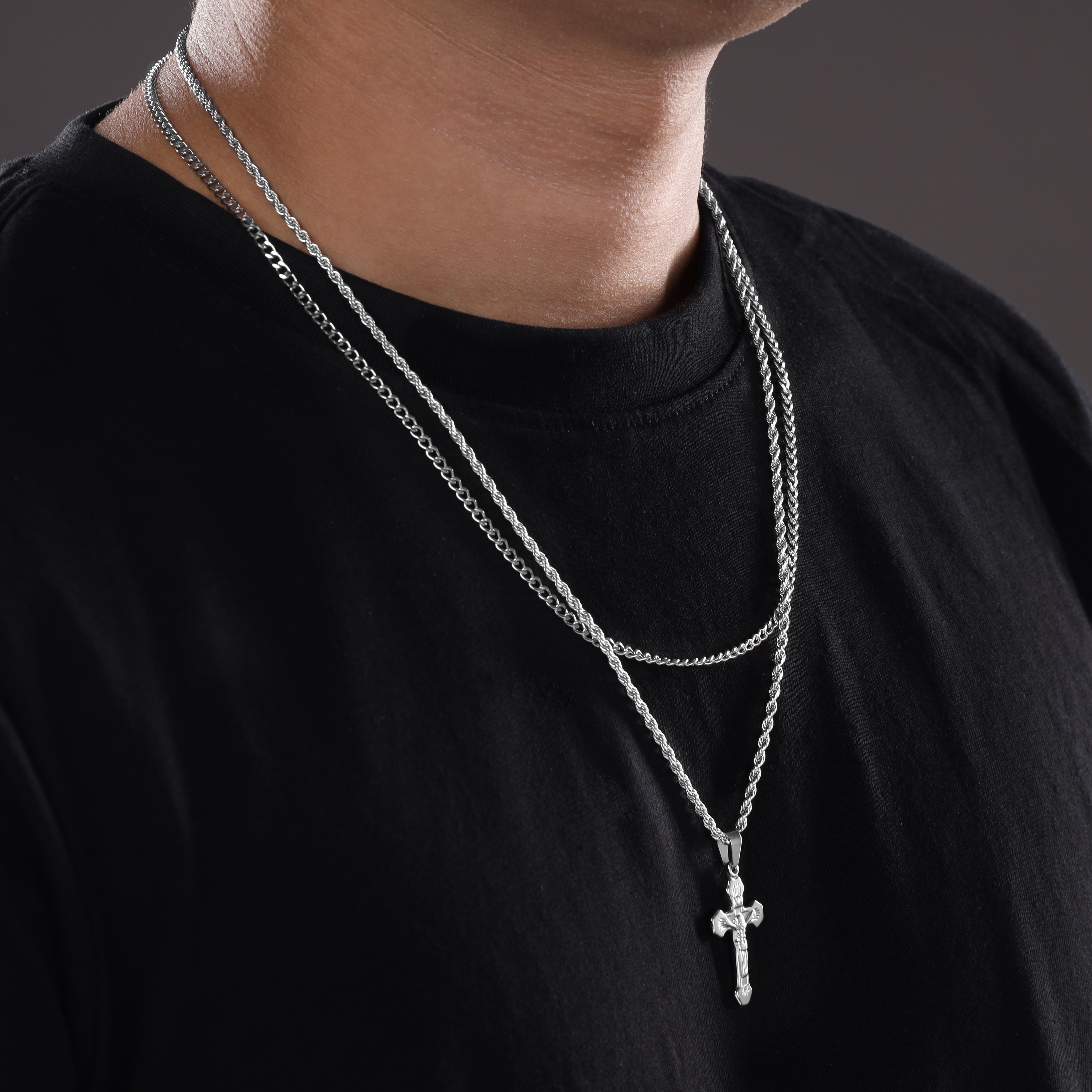 SET cord chain + curb chain with cross pendant made of stainless steel 