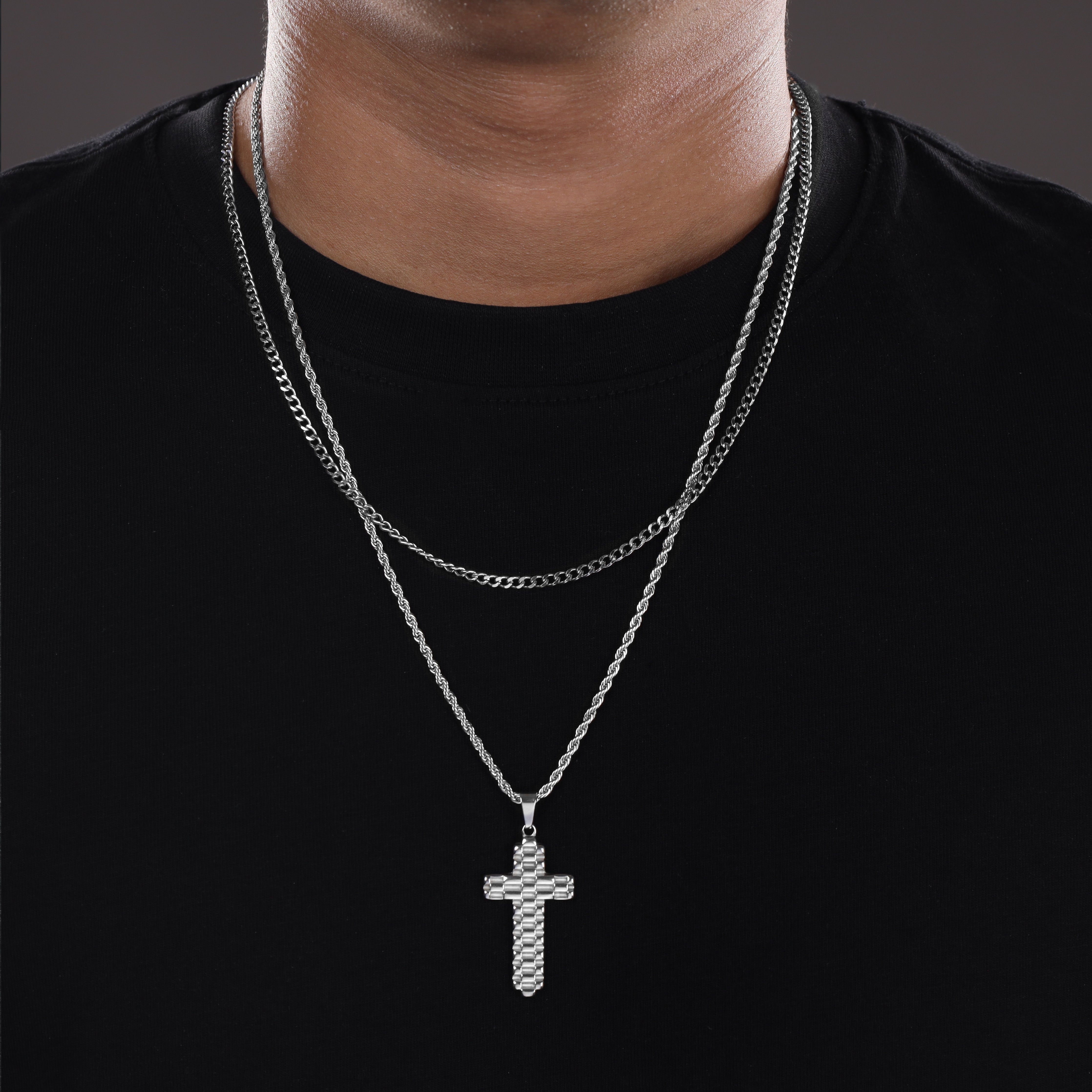 SET cord chain + curb chain with cross pendant made of stainless steel 