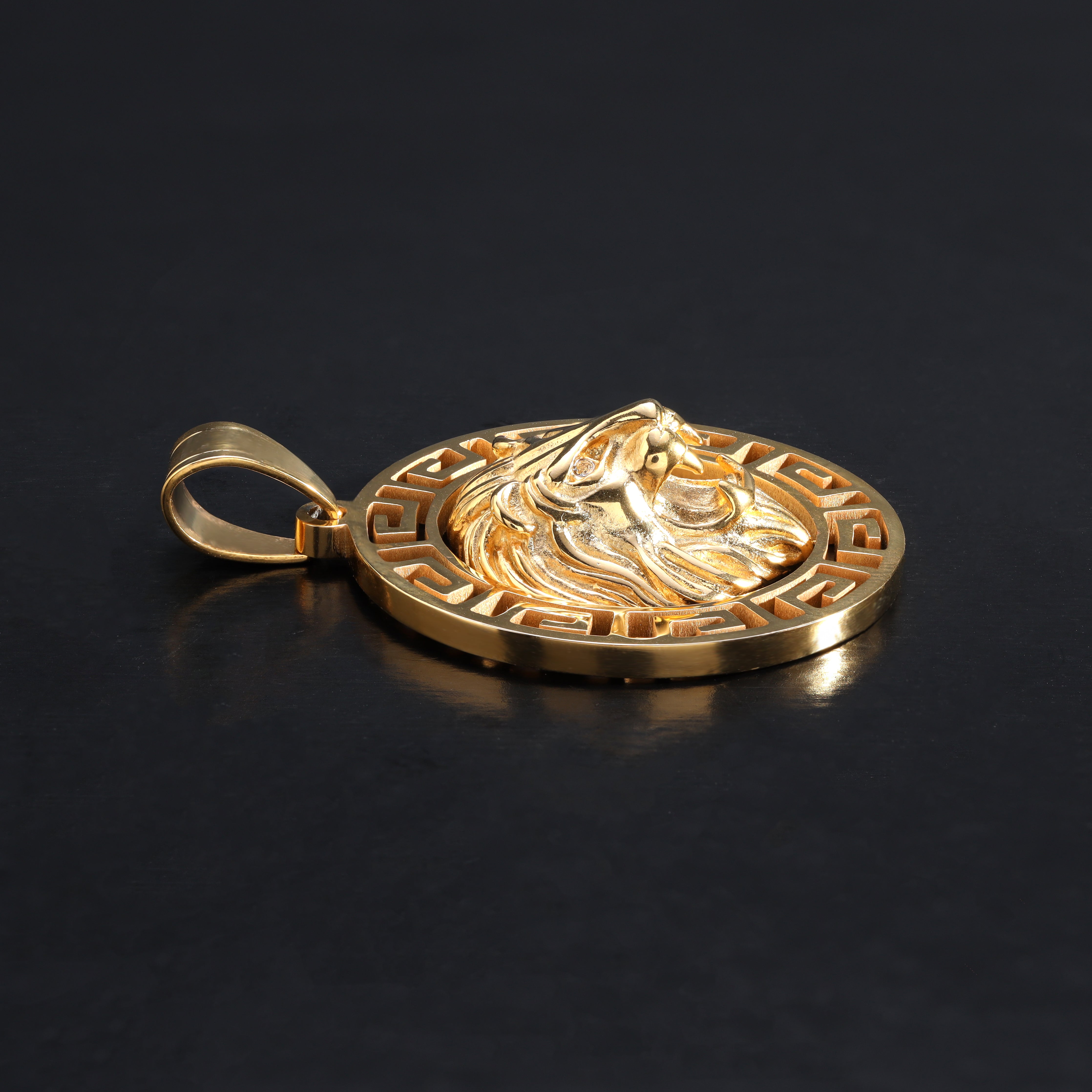 Lion with Greek Design pendant made of stainless steel 18K gold plated