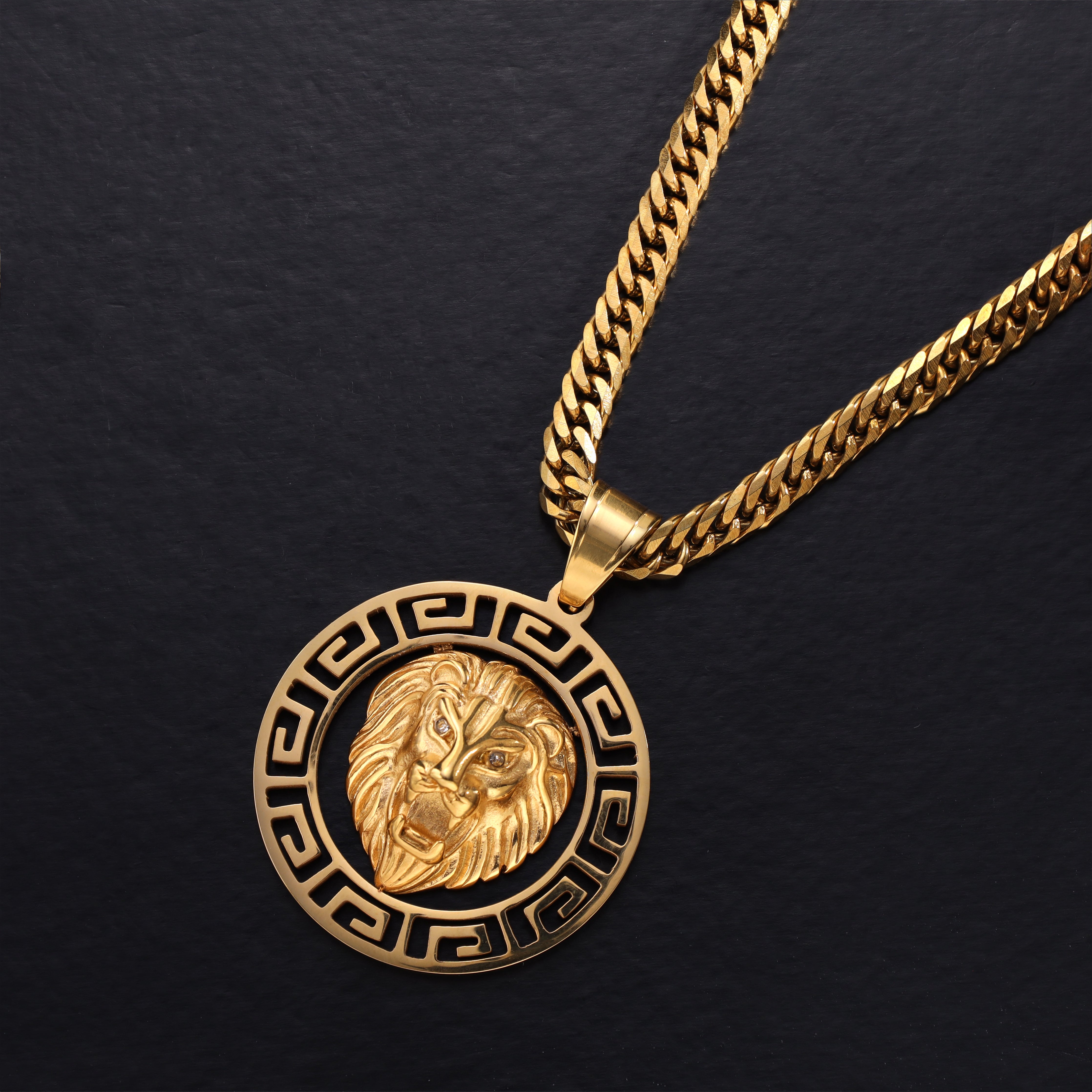 Lion with Greek Design pendant made of stainless steel 18K gold plated