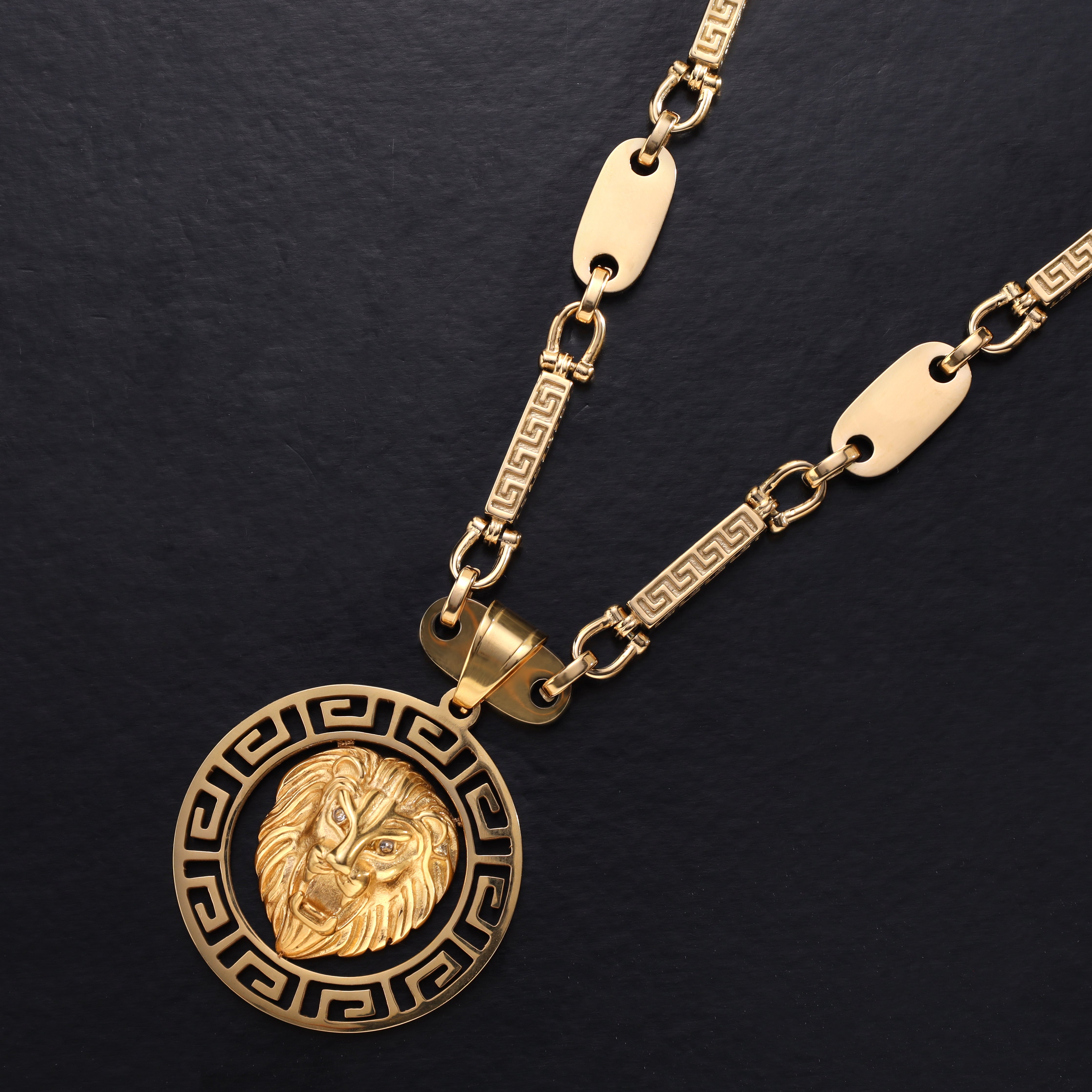 Lion with Greek Design pendant made of stainless steel 18K gold plated