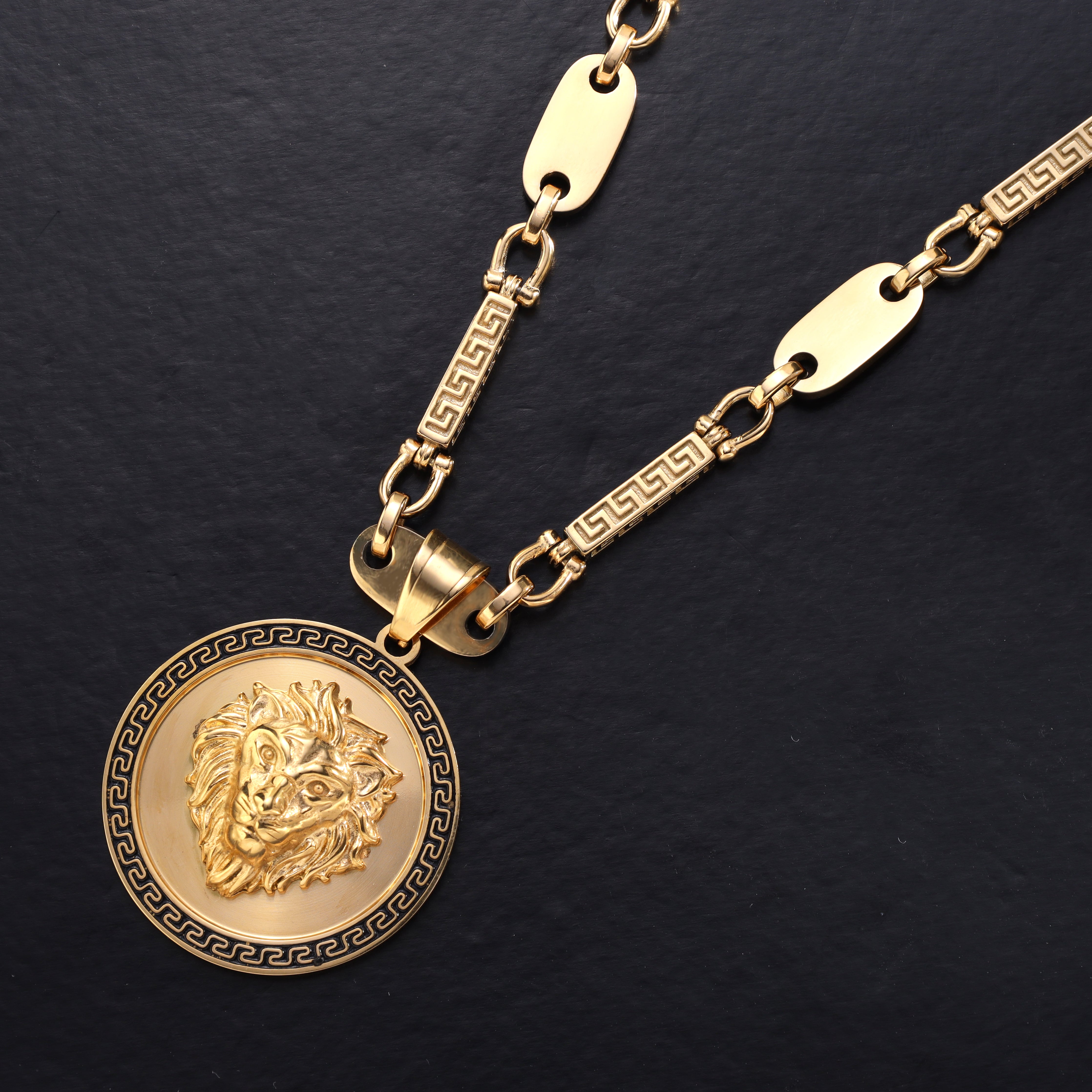 Lion with Greek Design pendant made of stainless steel 18K gold plated