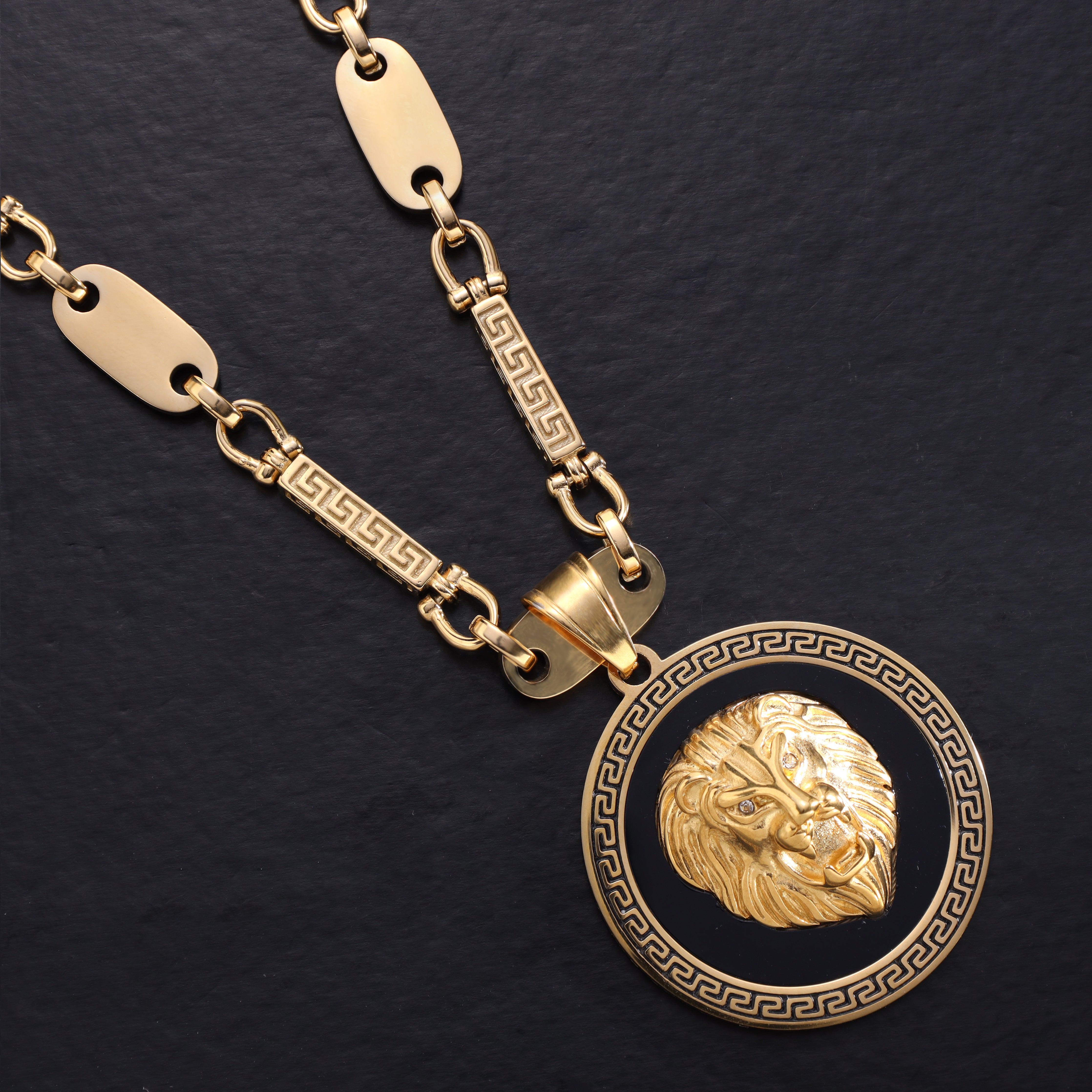 Lion with Greek Design pendant made of stainless steel 18K gold plated