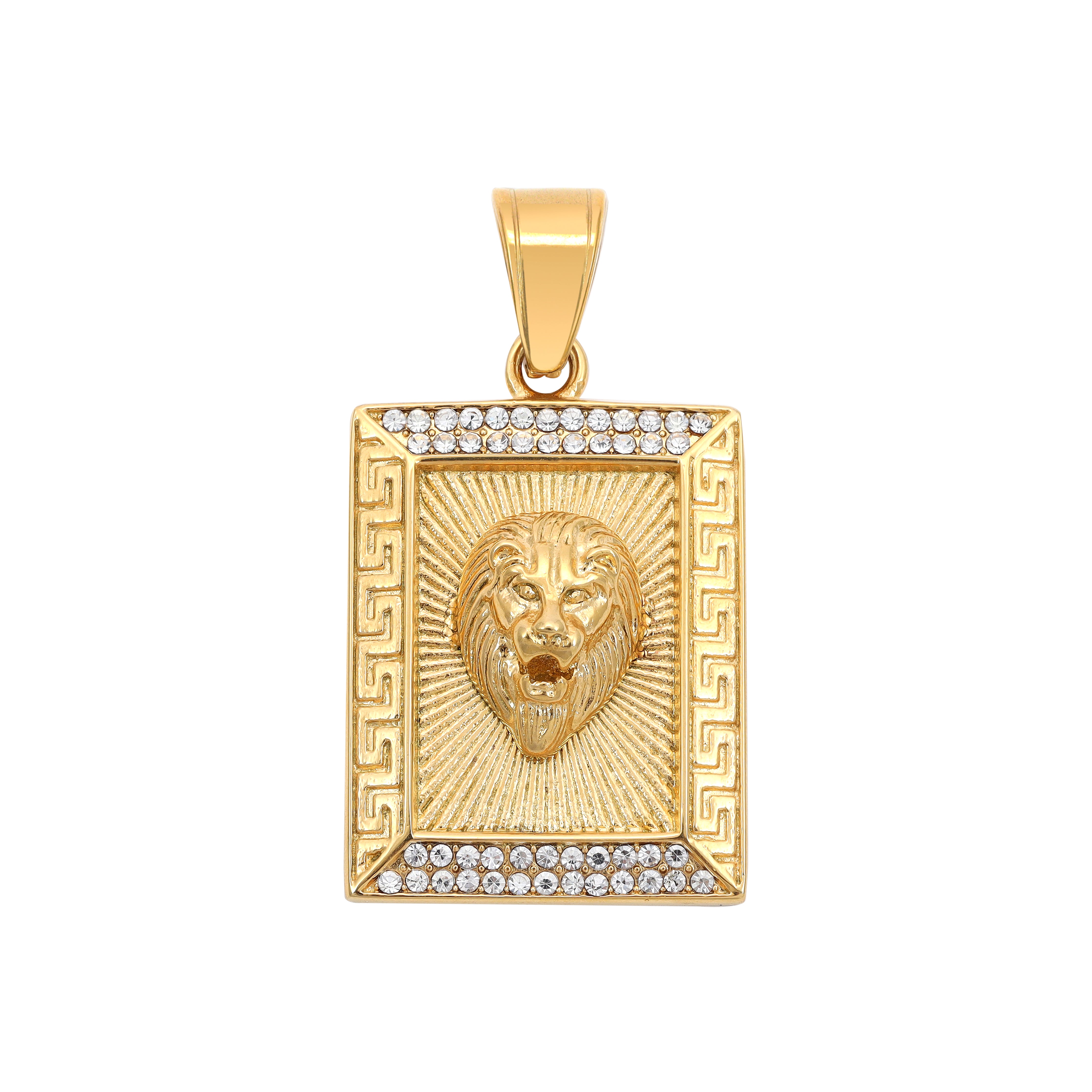 Iced Out Stil Löwe mit Greek Design Anhänger aus Edelstahl 18K vergoldet