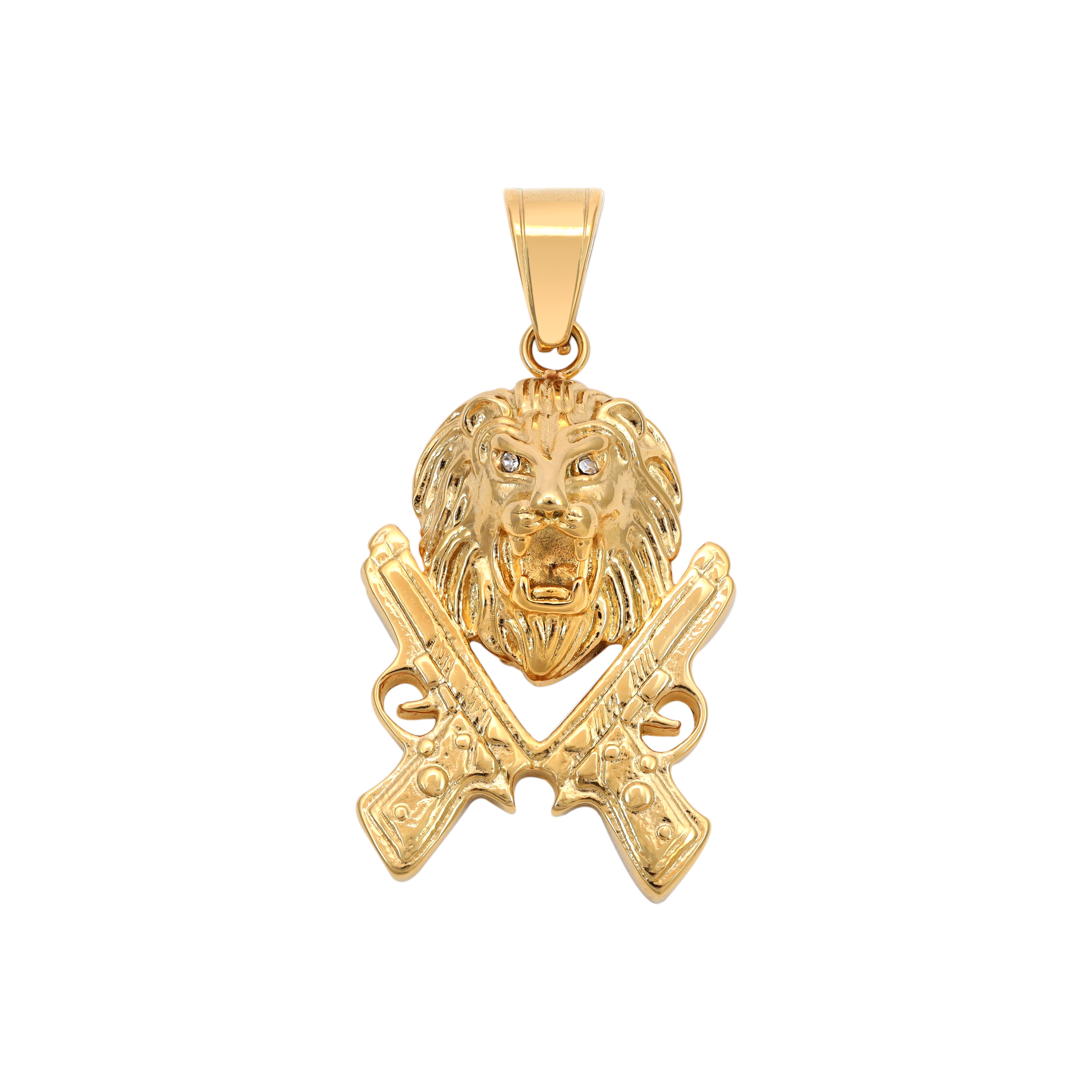 Lion with pistol pendant made of stainless steel 18K gold plated