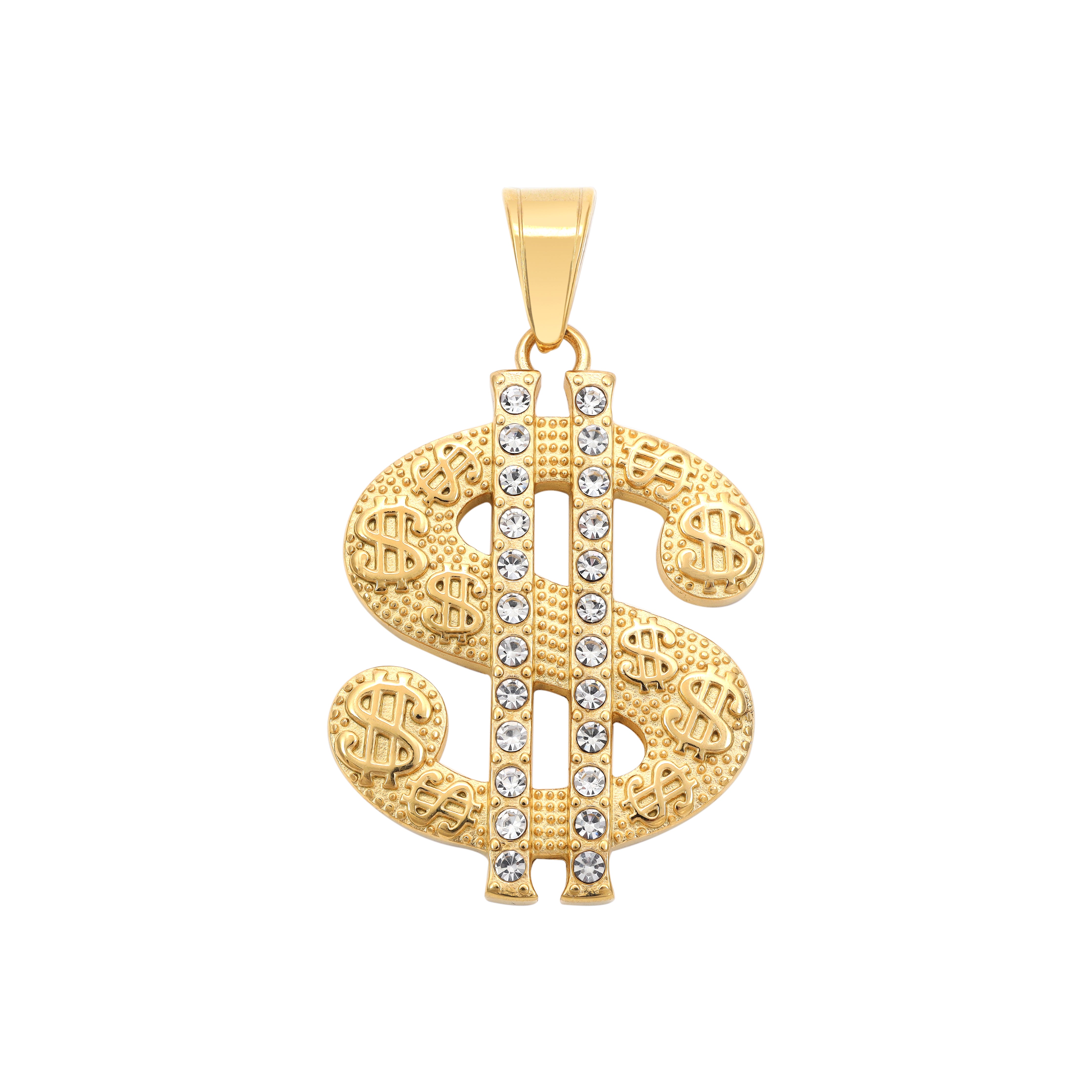 Iced Out Style Dollar Pendant Made of Stainless Steel 18K Gold Plated