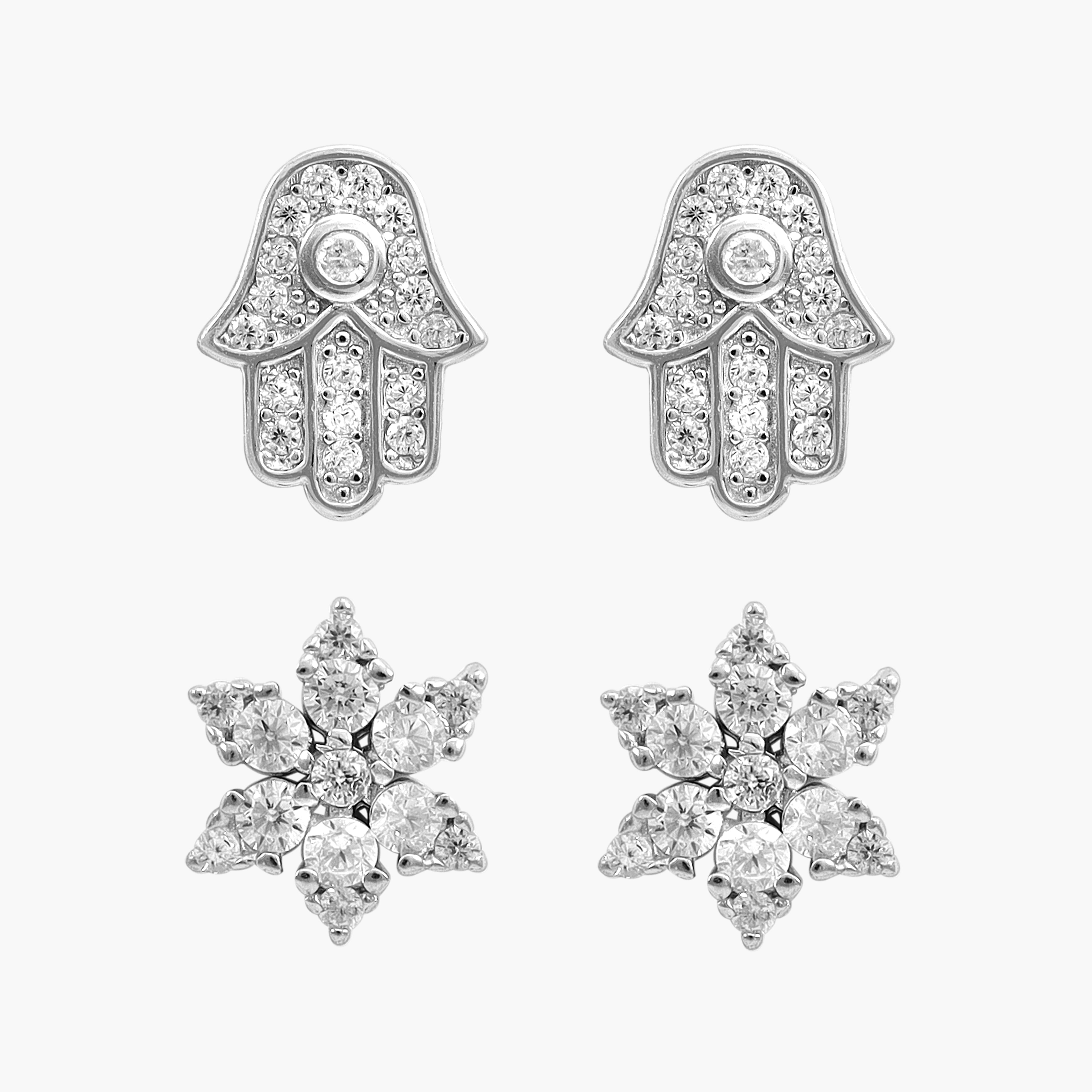 Women's set of 2 Hamsa + flower earrings made of 925 sterling silver