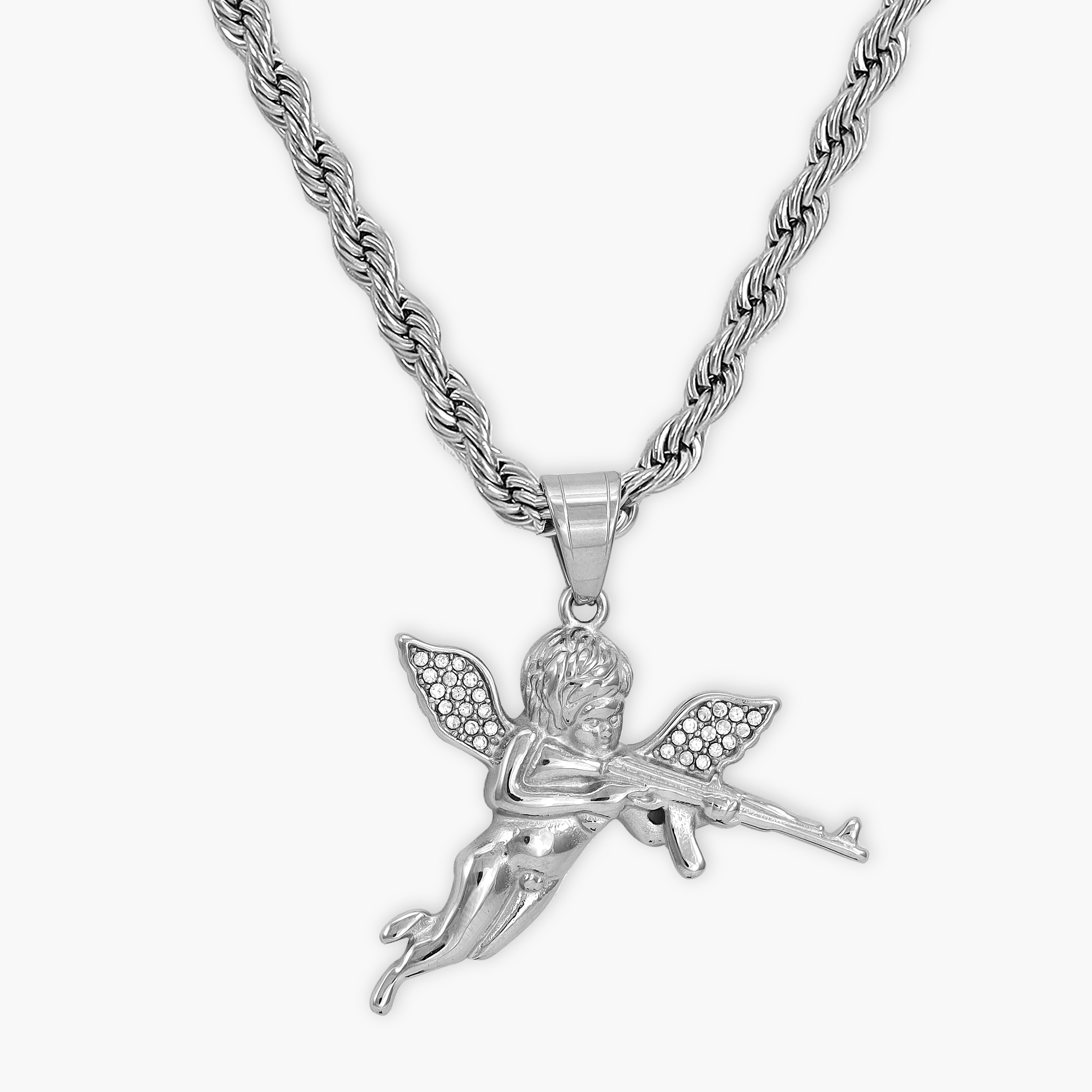 Rope Chain with Iced out style Angel Pendant made of Stainless Steel