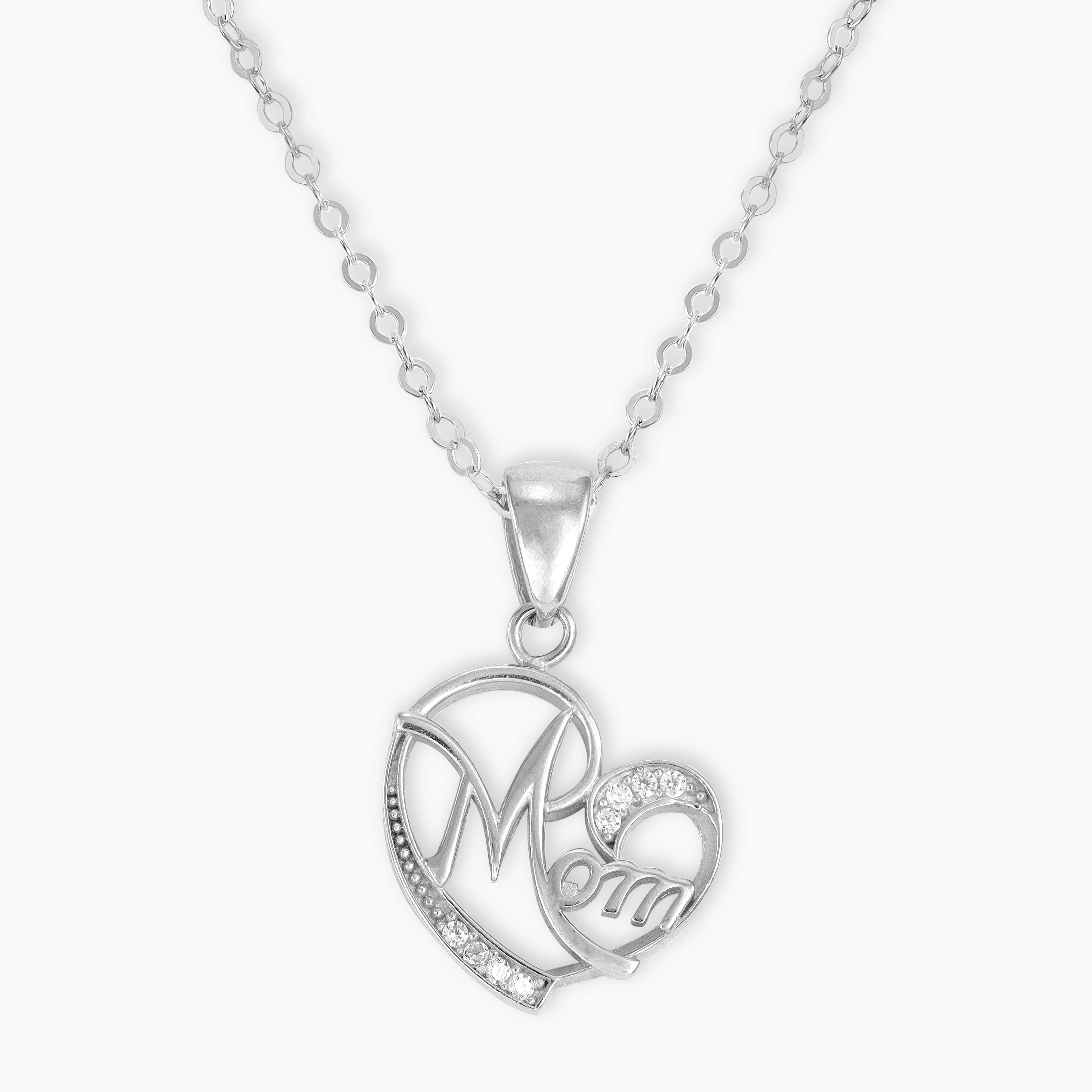 Women's Box Chain with Iced out style Heart mama pendant made of 925 Sterling Silver