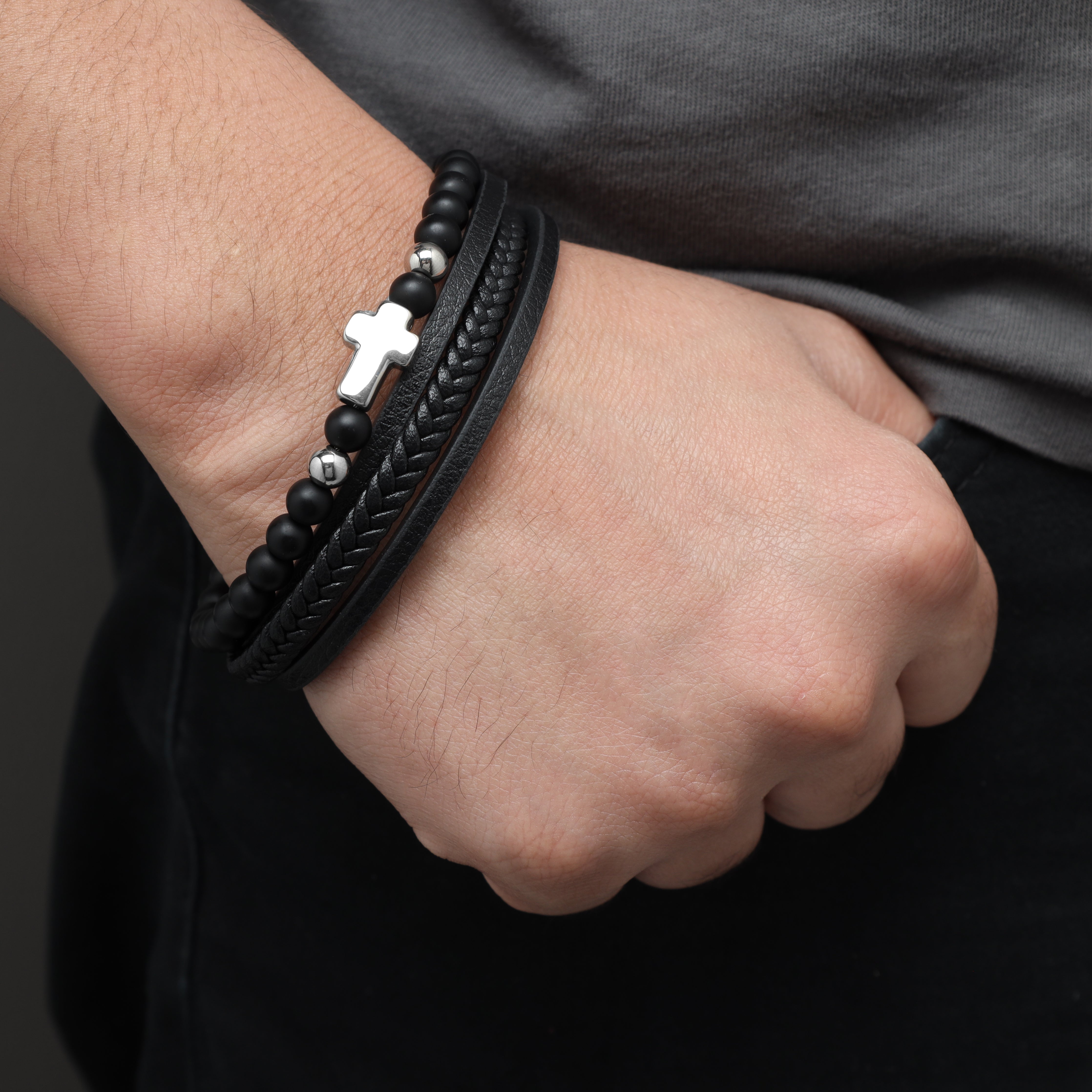 Leather Beads &amp; Stainless Steel Cross Bracelet 