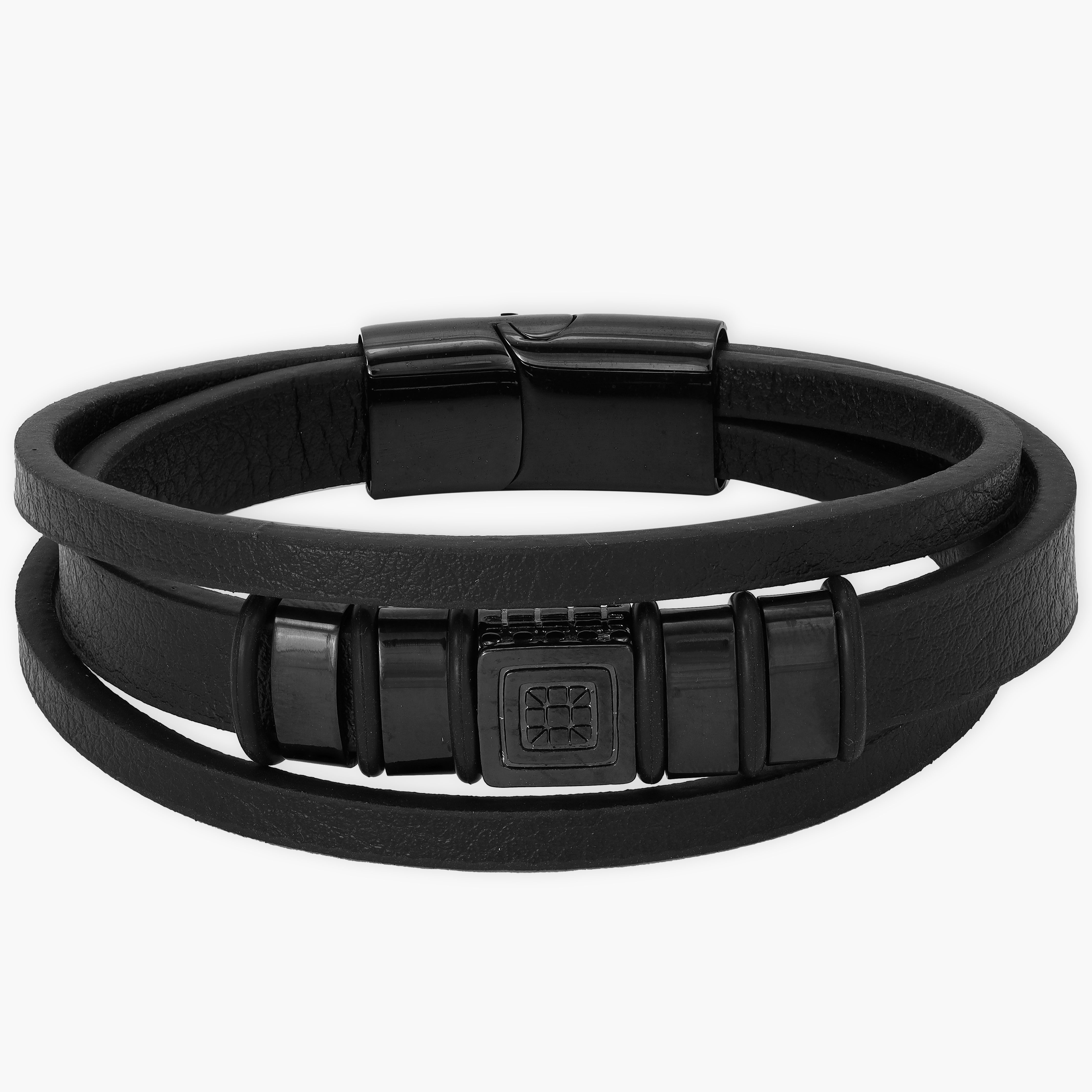 Black leather bracelet made of stainless steel 