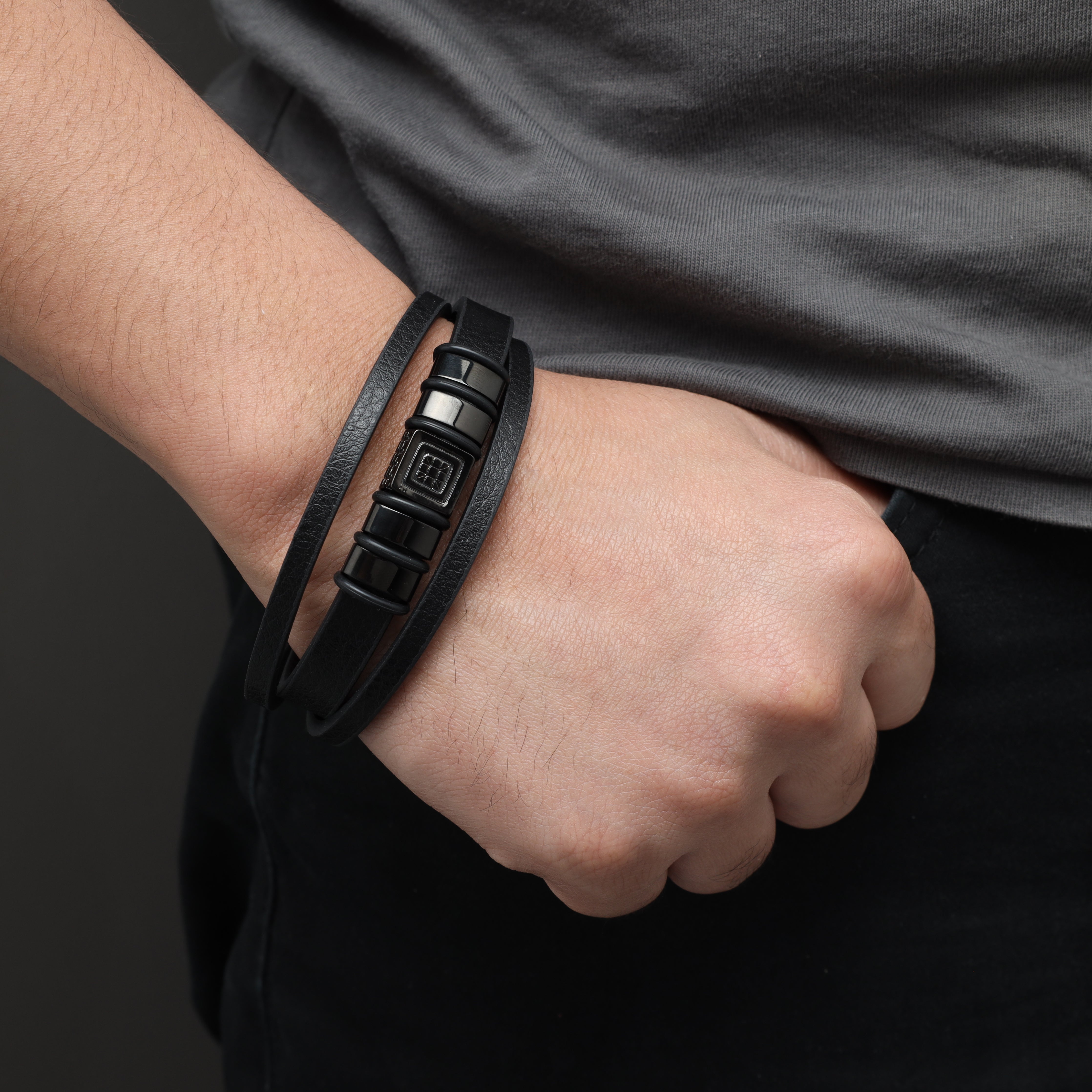 Black leather bracelet made of stainless steel 