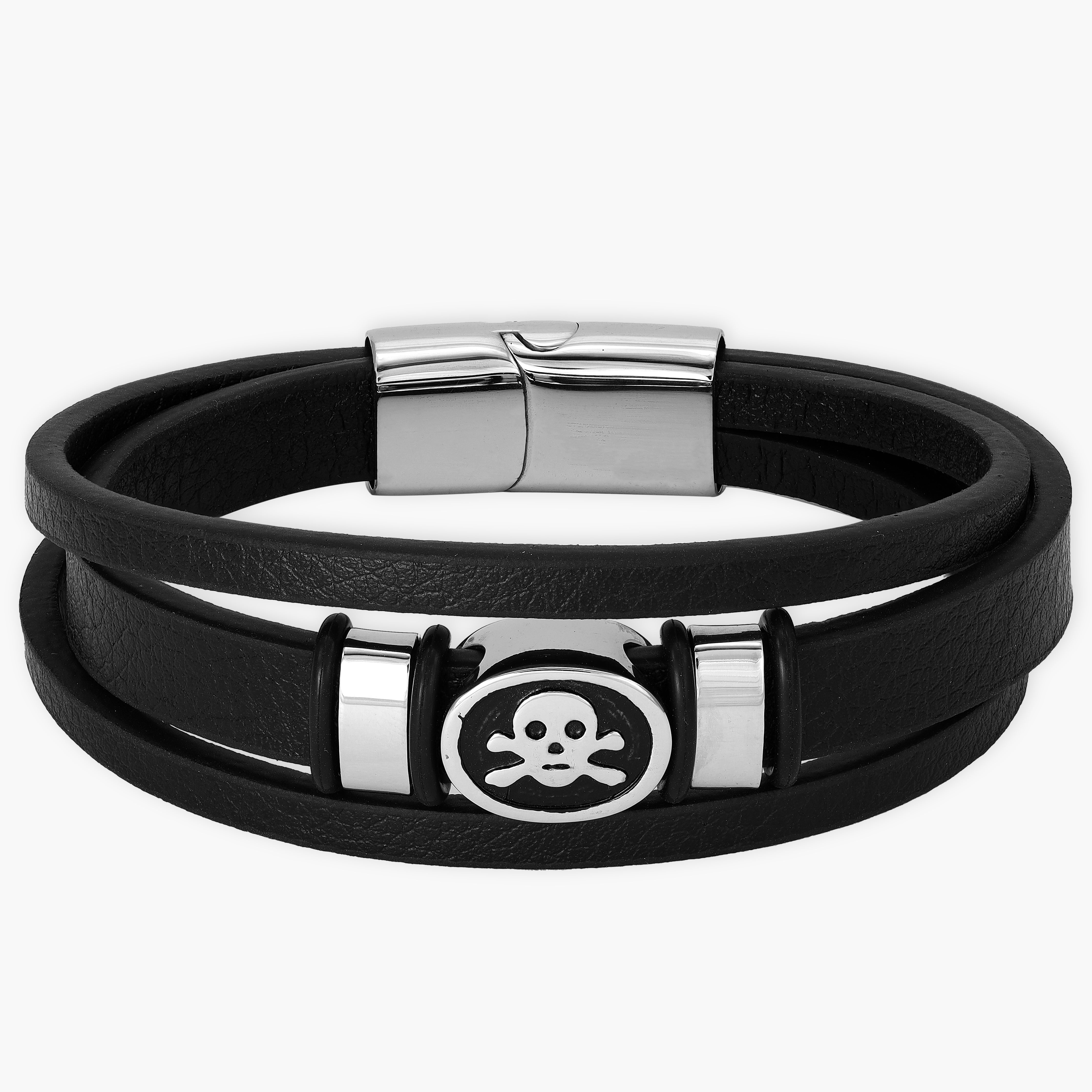 Leather bracelet with stainless steel skull 