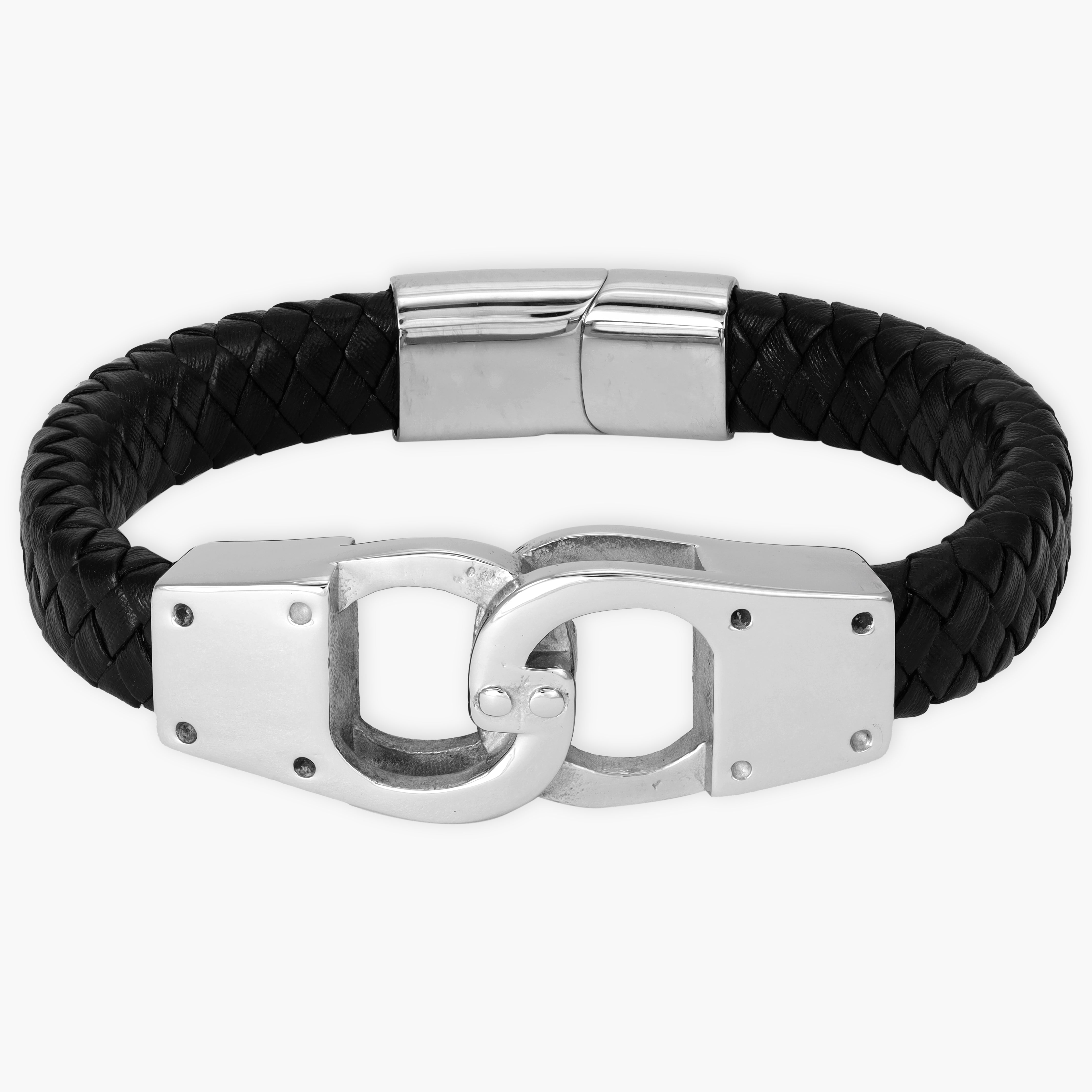 Leather bracelet with stainless steel handcuffs 