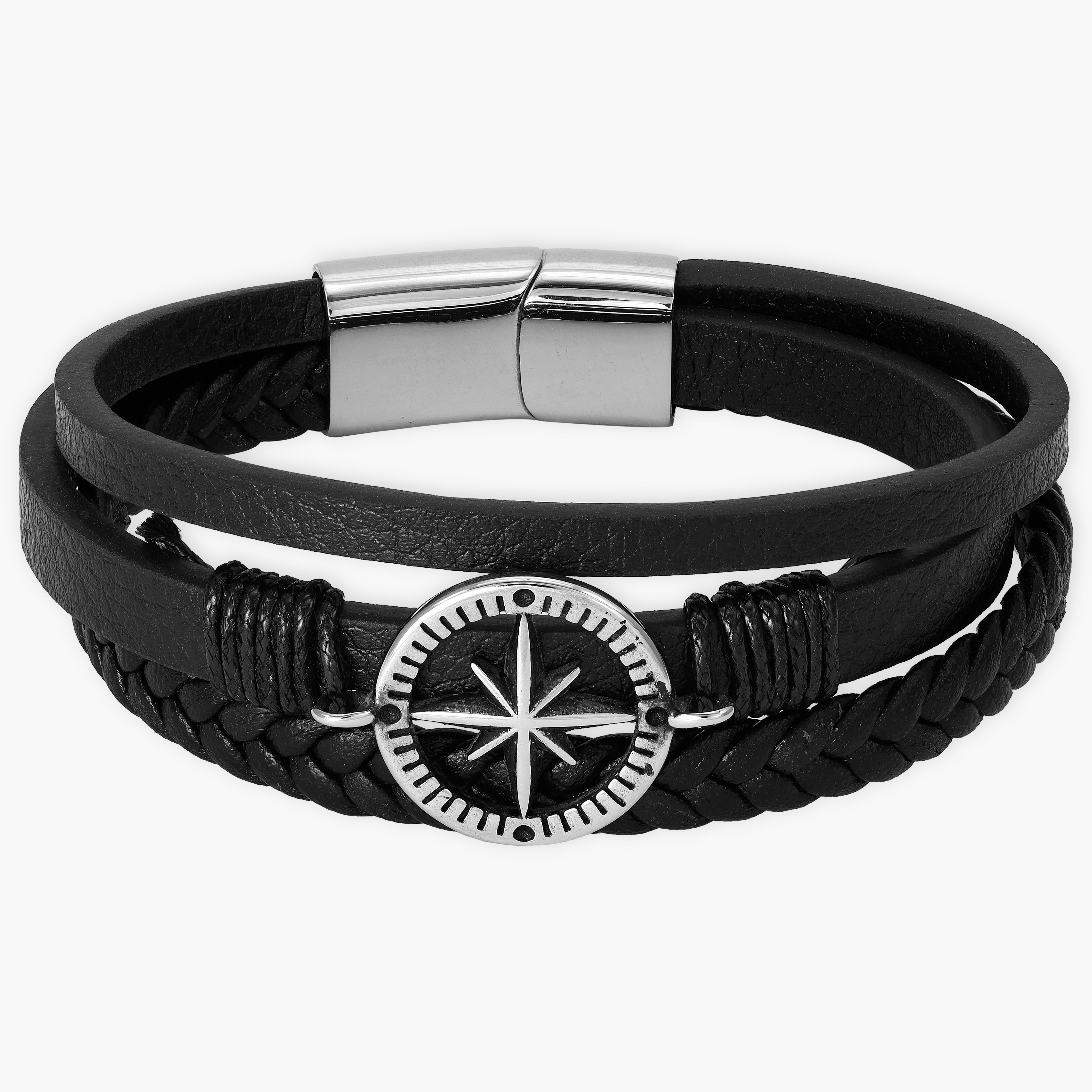 Leather bracelet with stainless steel compass 