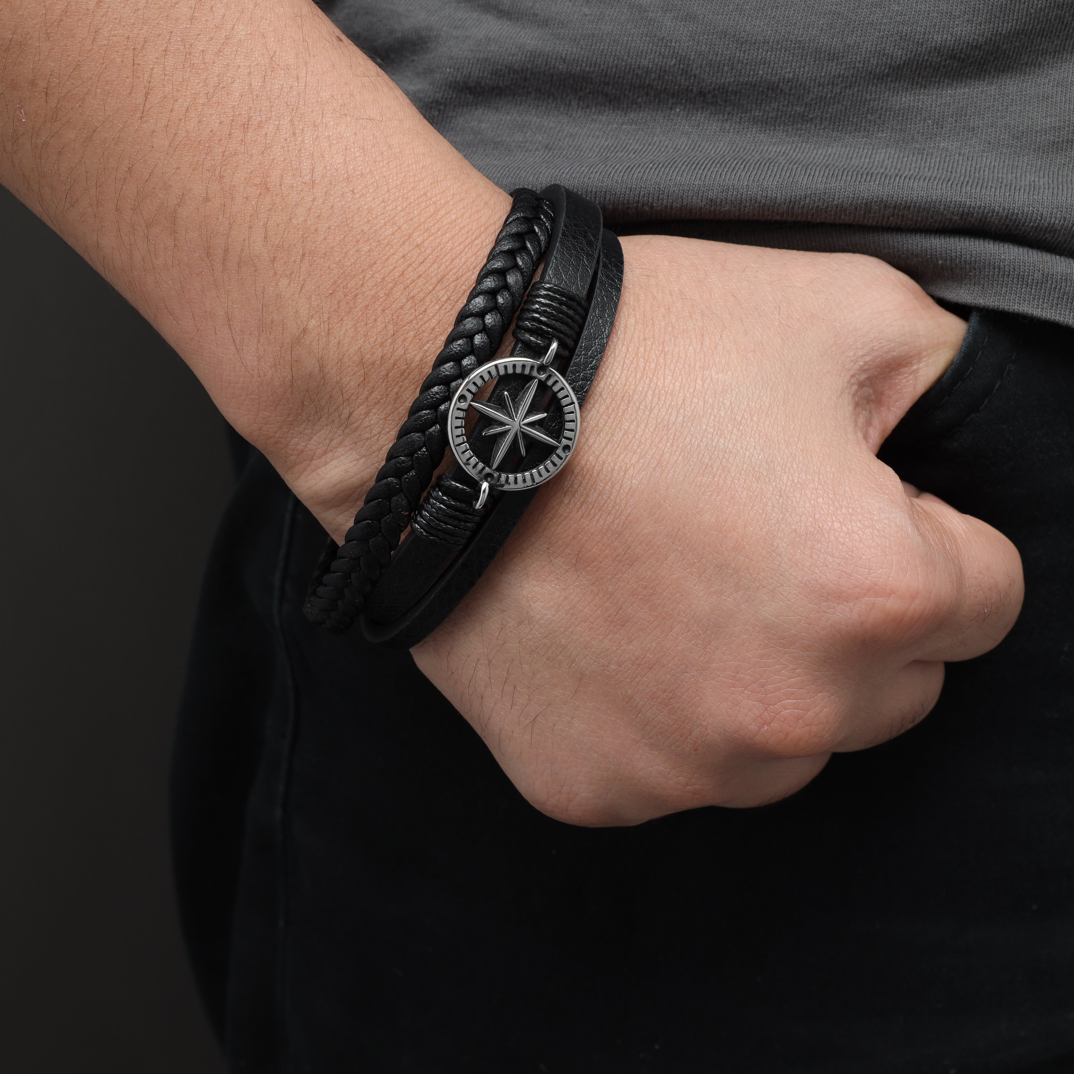 Leather bracelet with stainless steel compass 