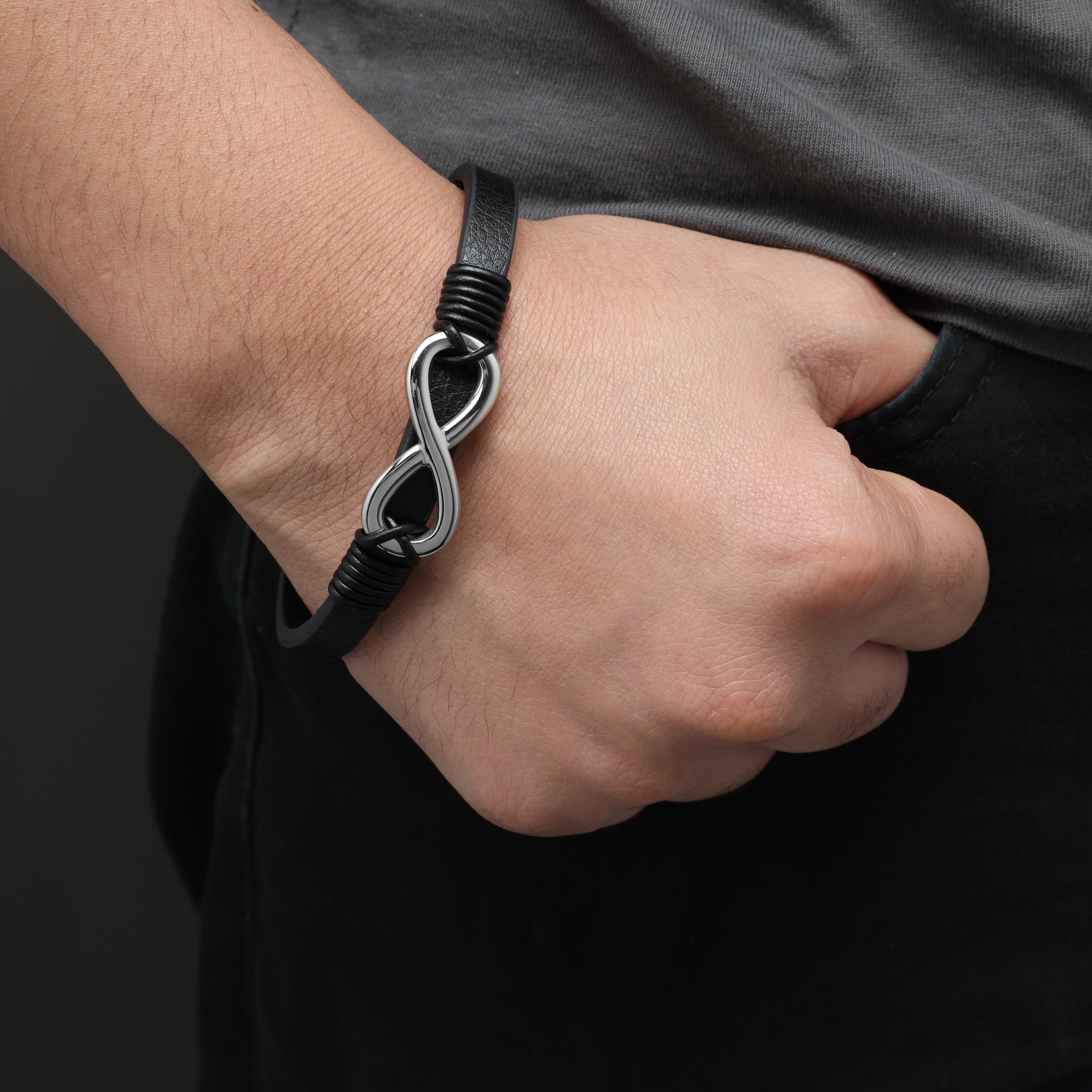 Leather bracelet with infinity symbol made of stainless steel 