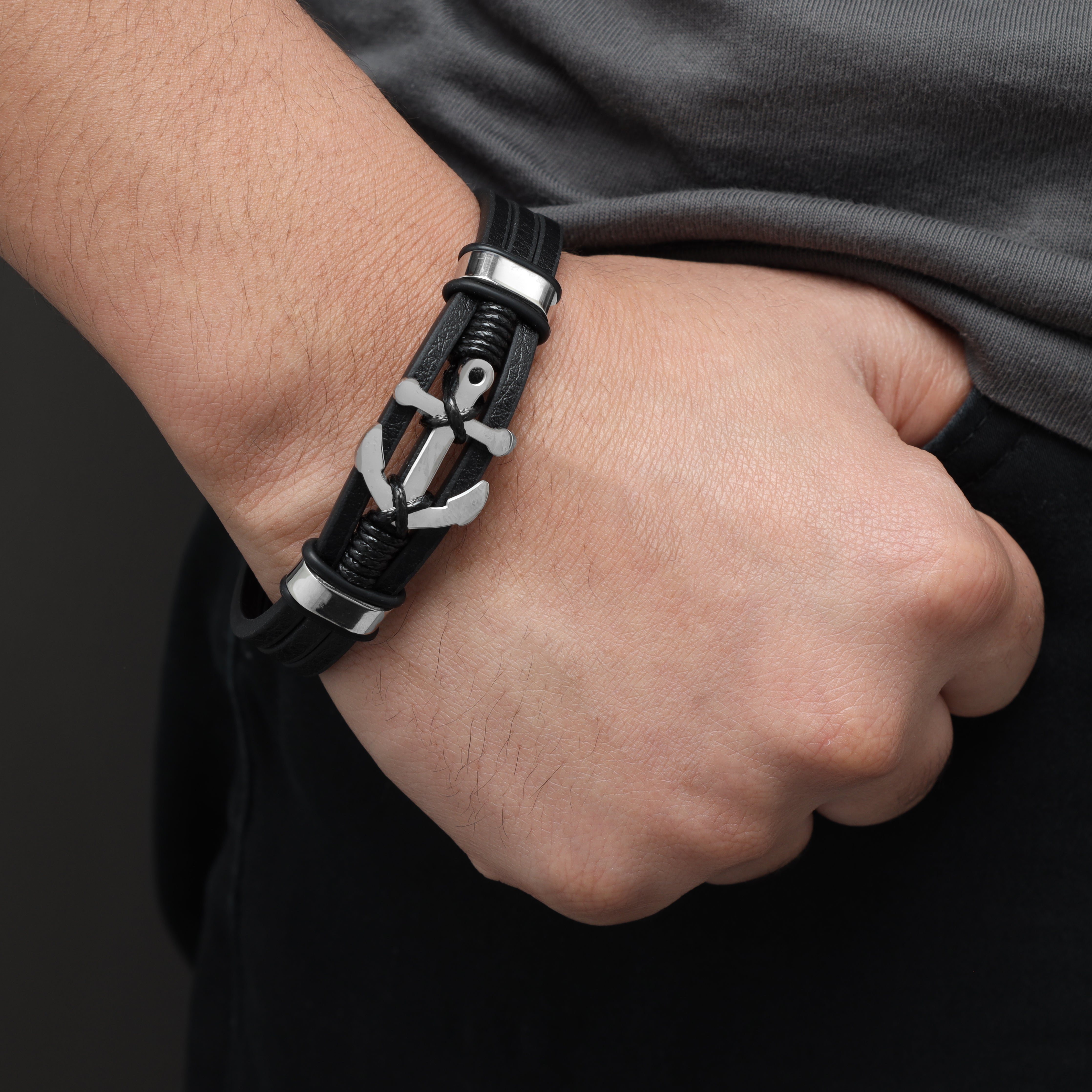 Leather bracelet with stainless steel anchor 