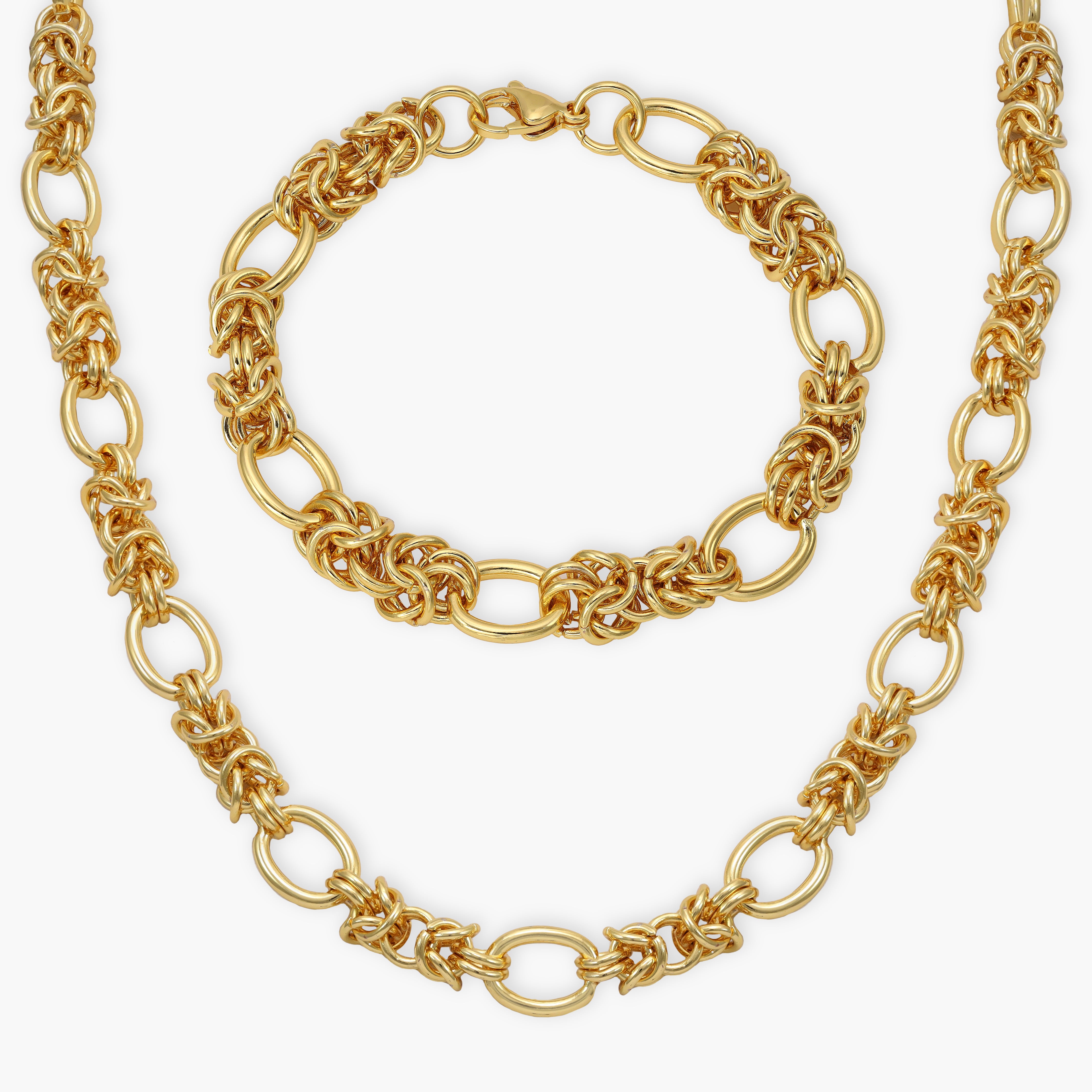 SET Königskette + armbander mit handcuff anhanger 10mm aus Edelstahl 18K Vergoldet - Taipan Schmuck