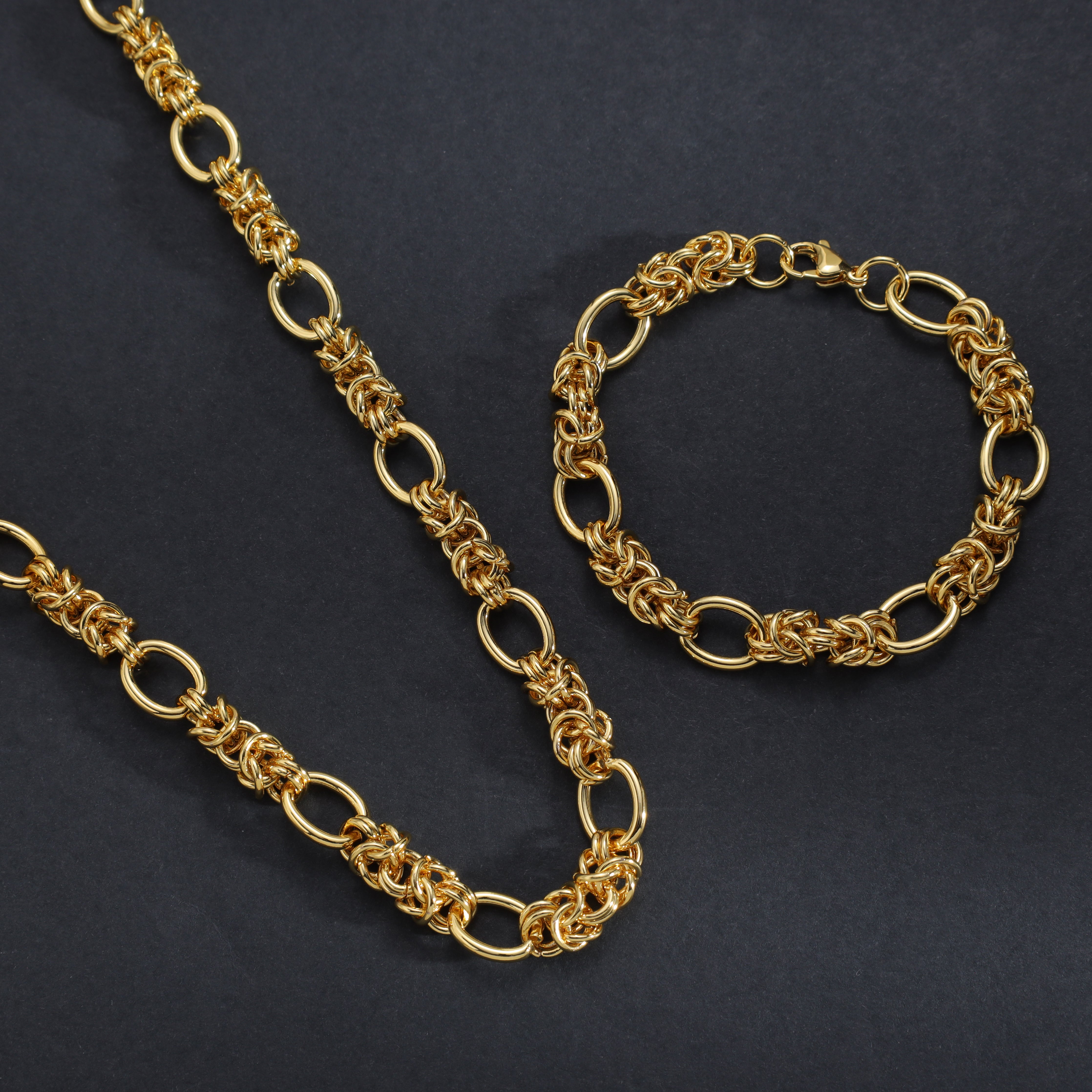 SET Königskette + armbander mit handcuff anhanger 10mm aus Edelstahl 18K Vergoldet - Taipan Schmuck