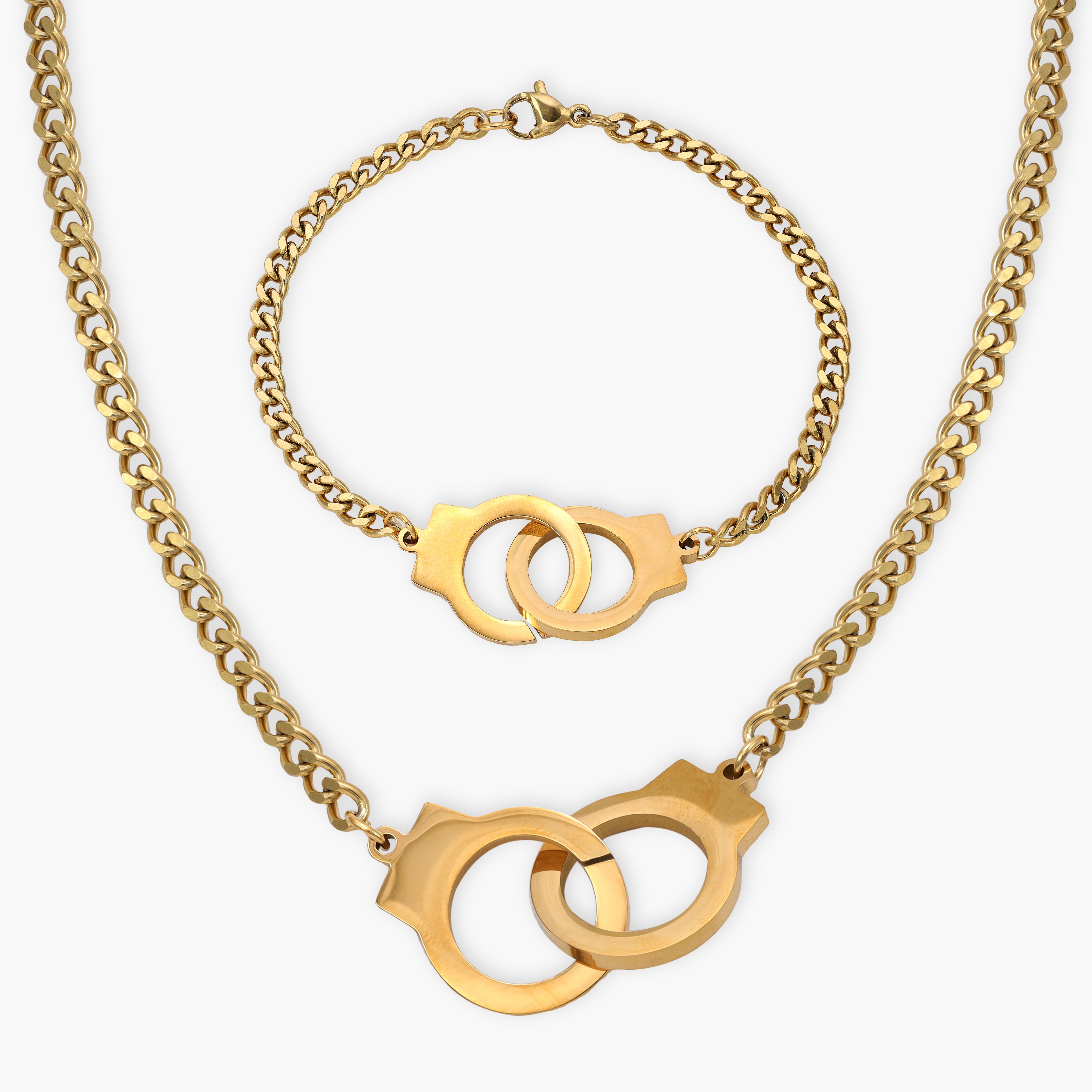 SET Panzerkette + armbander mit handcuff anhanger 3mm aus Edelstahl 18K Vergoldet - Taipan Schmuck