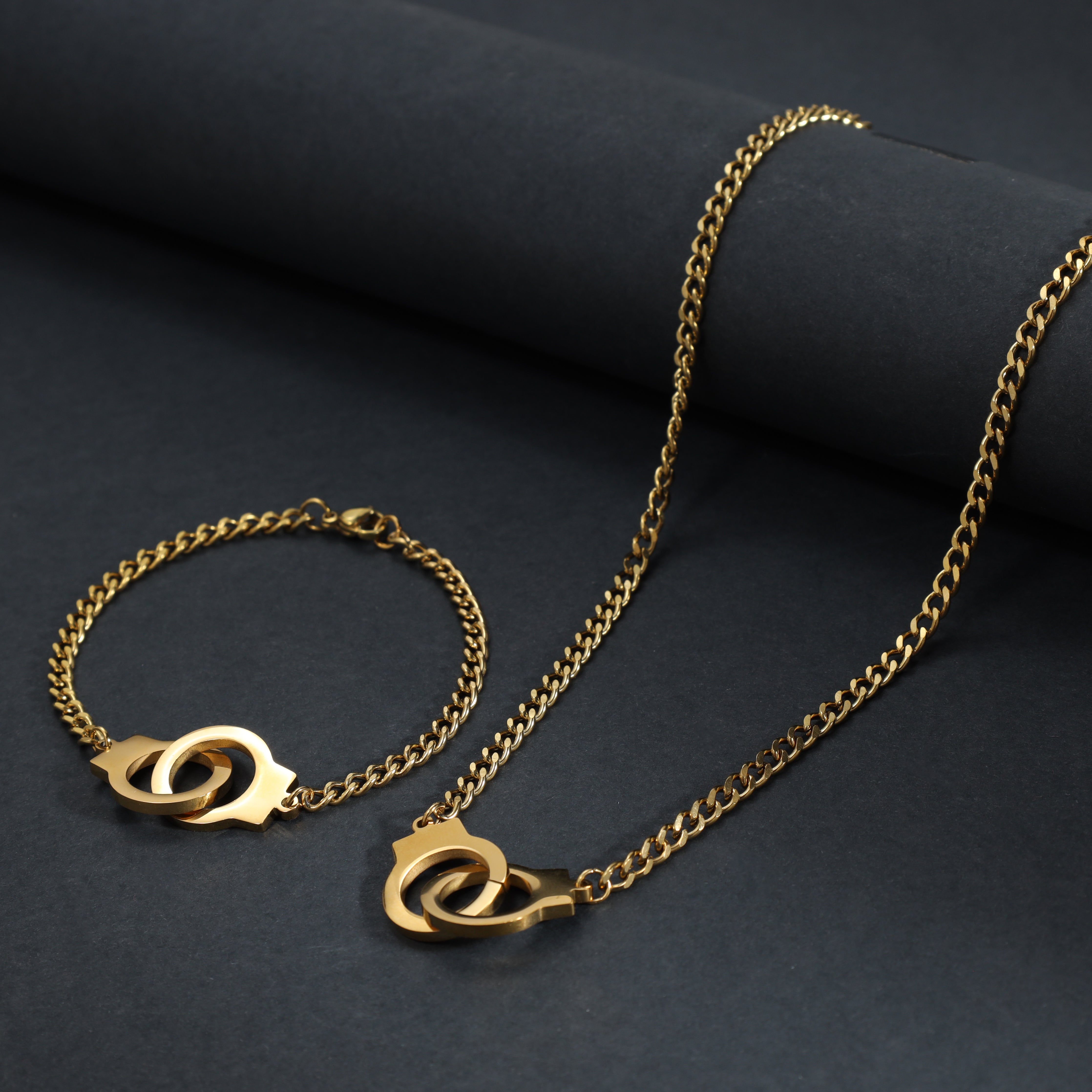 SET Panzerkette + armbander mit handcuff anhanger 3mm aus Edelstahl 18K Vergoldet - Taipan Schmuck