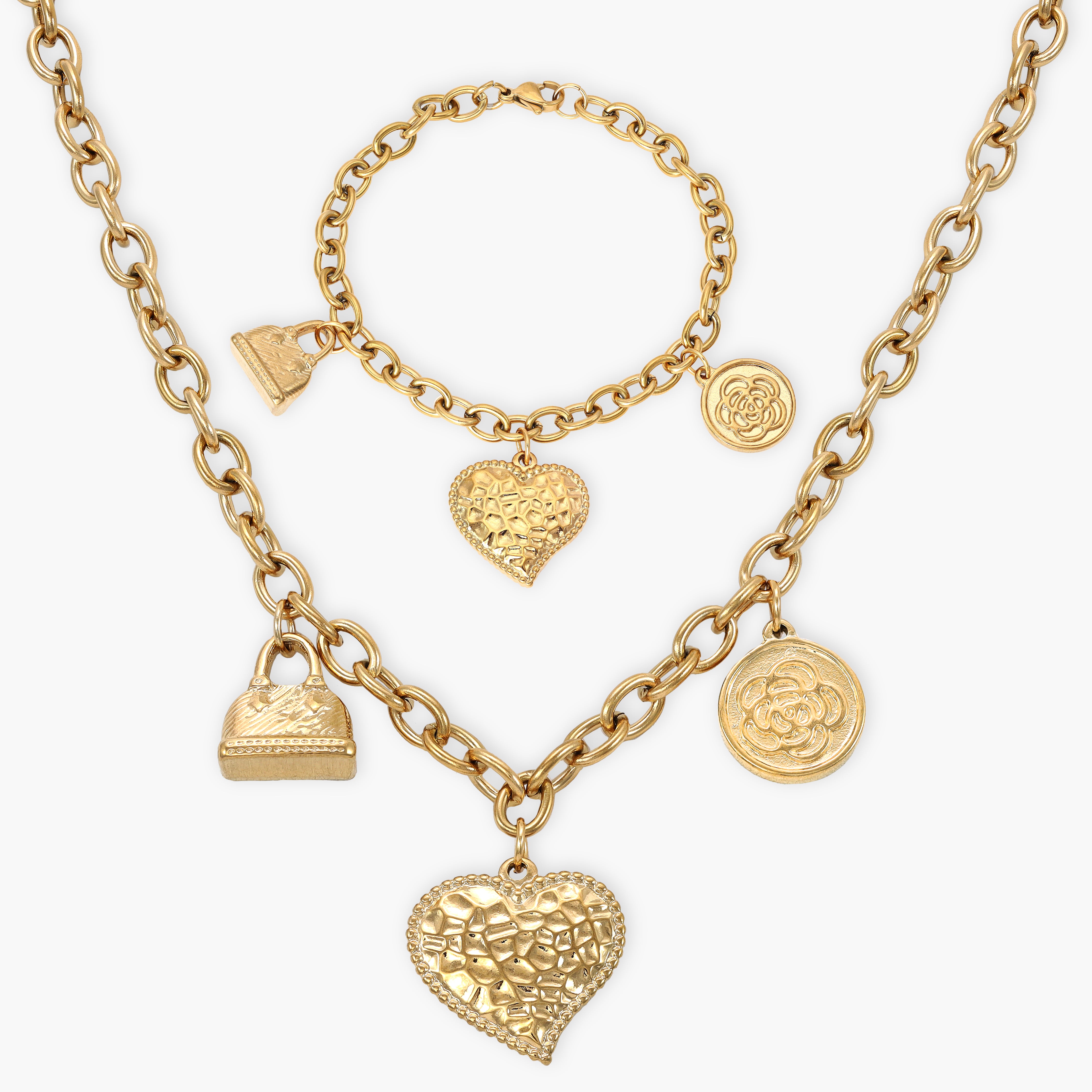 Damen SET Ankerkette + armbander mit hertz anhanger 6mm aus Edelstahl 18K Vergoldet - Taipan Schmuck